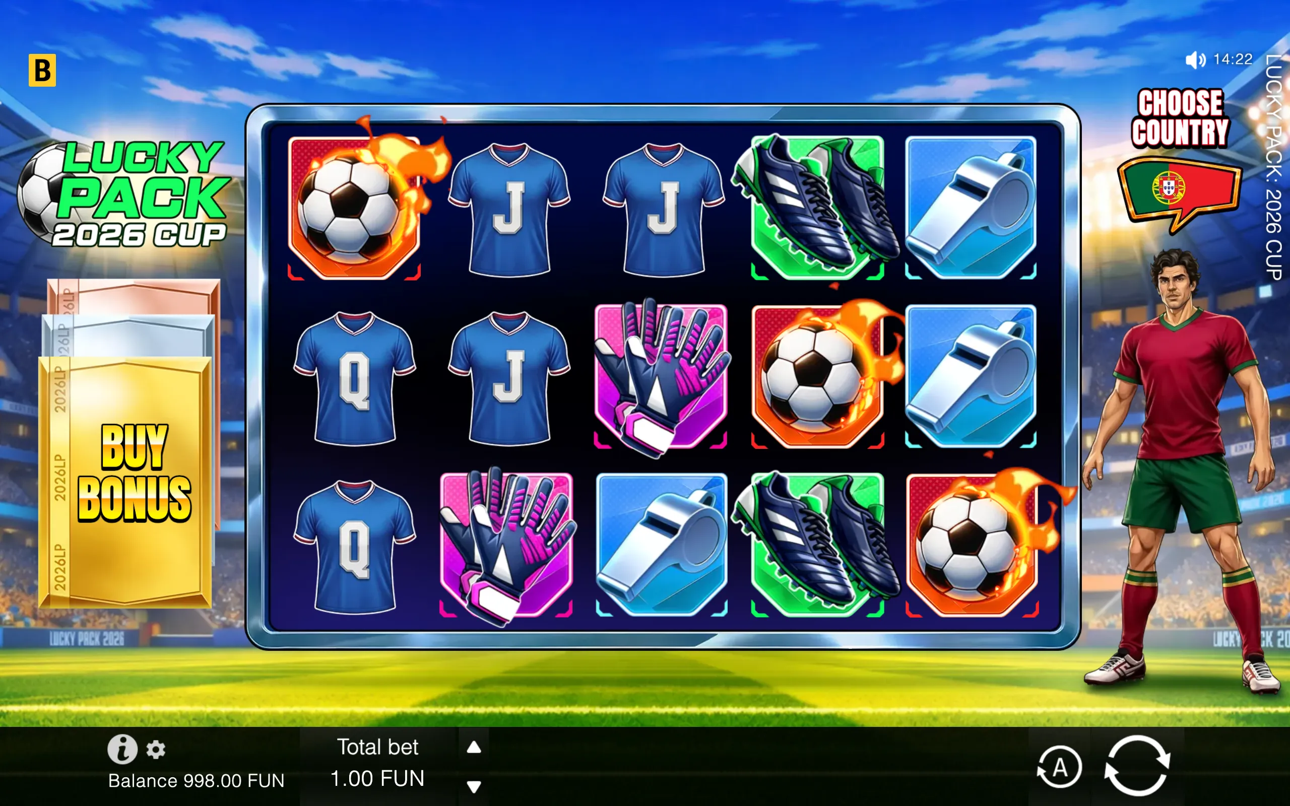 Lucky Pack: 2026 Cup football slot preview with reels featuring flaming footballs, jerseys, boots, goalkeeper gloves and whistles, alongside a footballer and Portugal country selection.