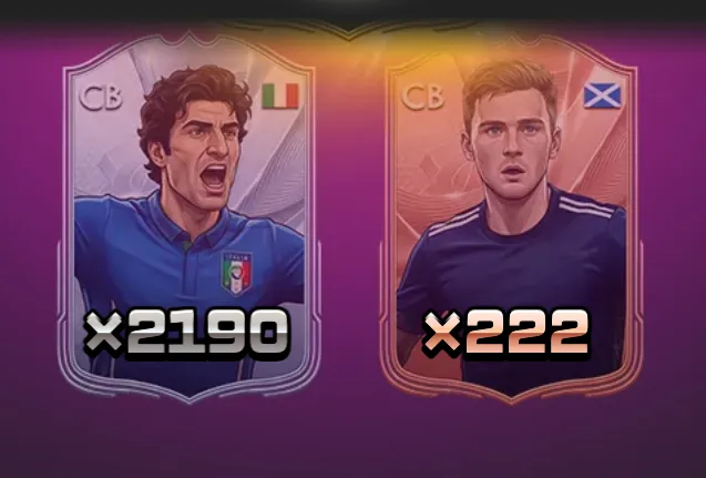 Two illustrated footballer card symbols, representing Italy and Scotland, display large x2190 and x222 multipliers against a purple and gold sports-themed backdrop.