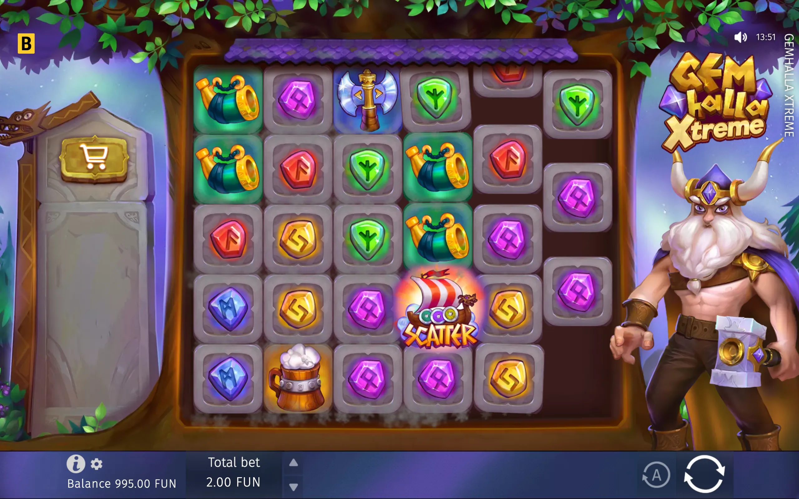 Colorful Gemhalla Xtreme slot interface with rune-covered gems, Viking-style symbols, a glowing Eco Scatter emblem, and a horned warrior beside a woodland game board.