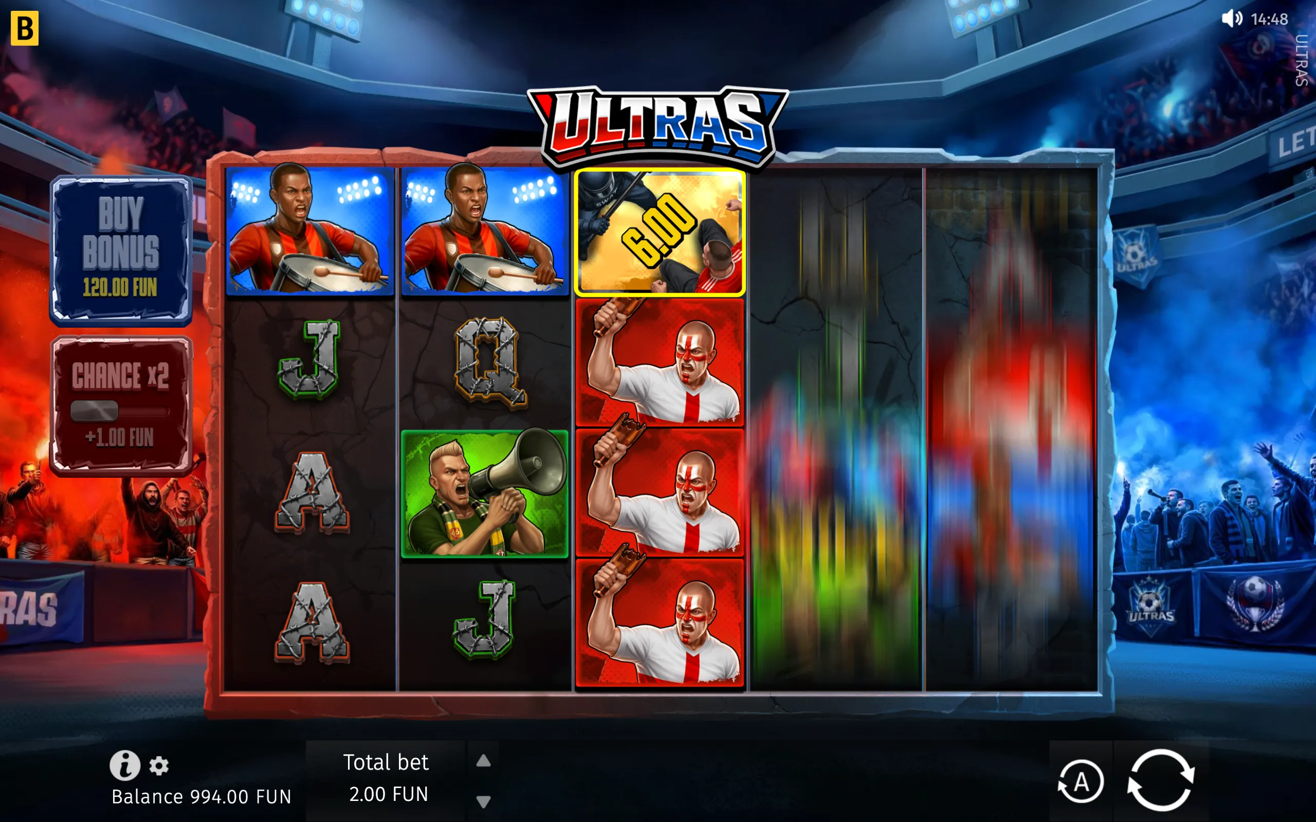 Ultras football-themed slot interface with passionate supporters, stadium floodlights, fan characters, football symbols, and a five-reel layout.