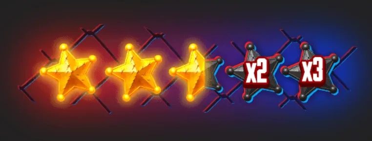 Three glowing golden star symbols appear beside metallic star-shaped multiplier badges marked x2 and x3 against a dark blue and red backdrop.