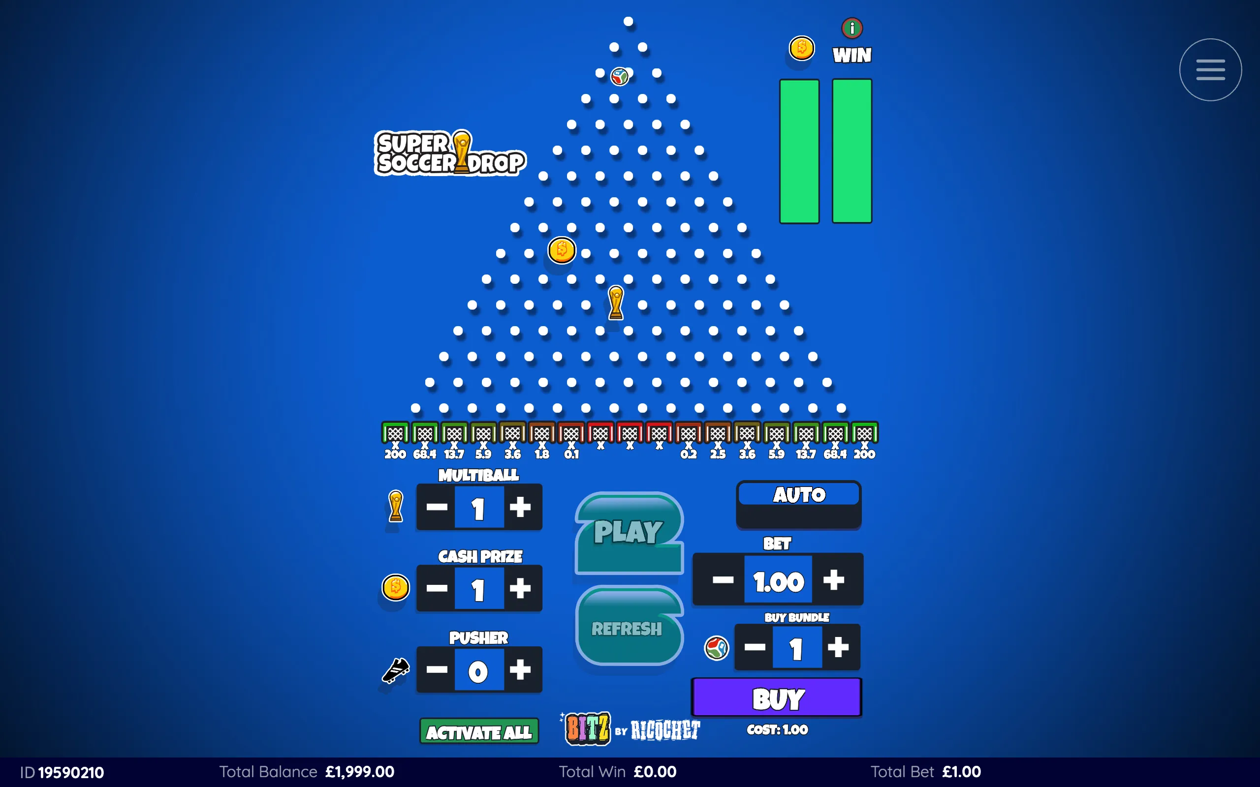 Super Soccer Drop slot interface with a soccer ball descending through a blue pegboard toward multiplier goal slots, alongside cash prize, multiball, auto, and buy controls.