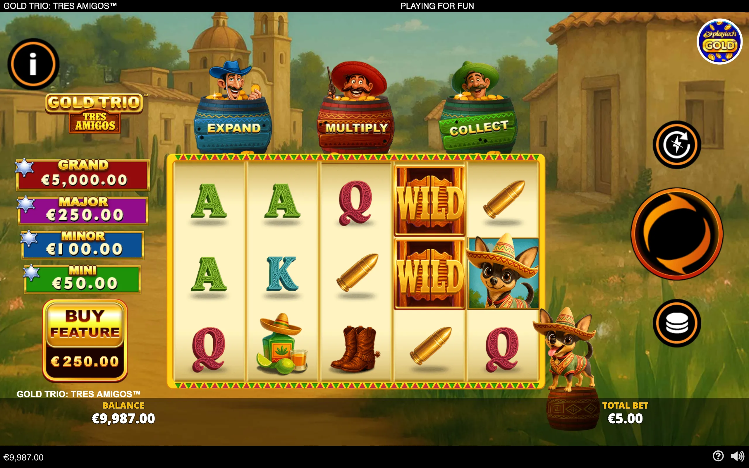 Colorful Gold Trio: Tres Amigos slot interface featuring three mustached amigos in decorated barrels, a Mexican village backdrop, stacked WILD symbols, jackpot values, and a sombrero-wearing dog mascot.