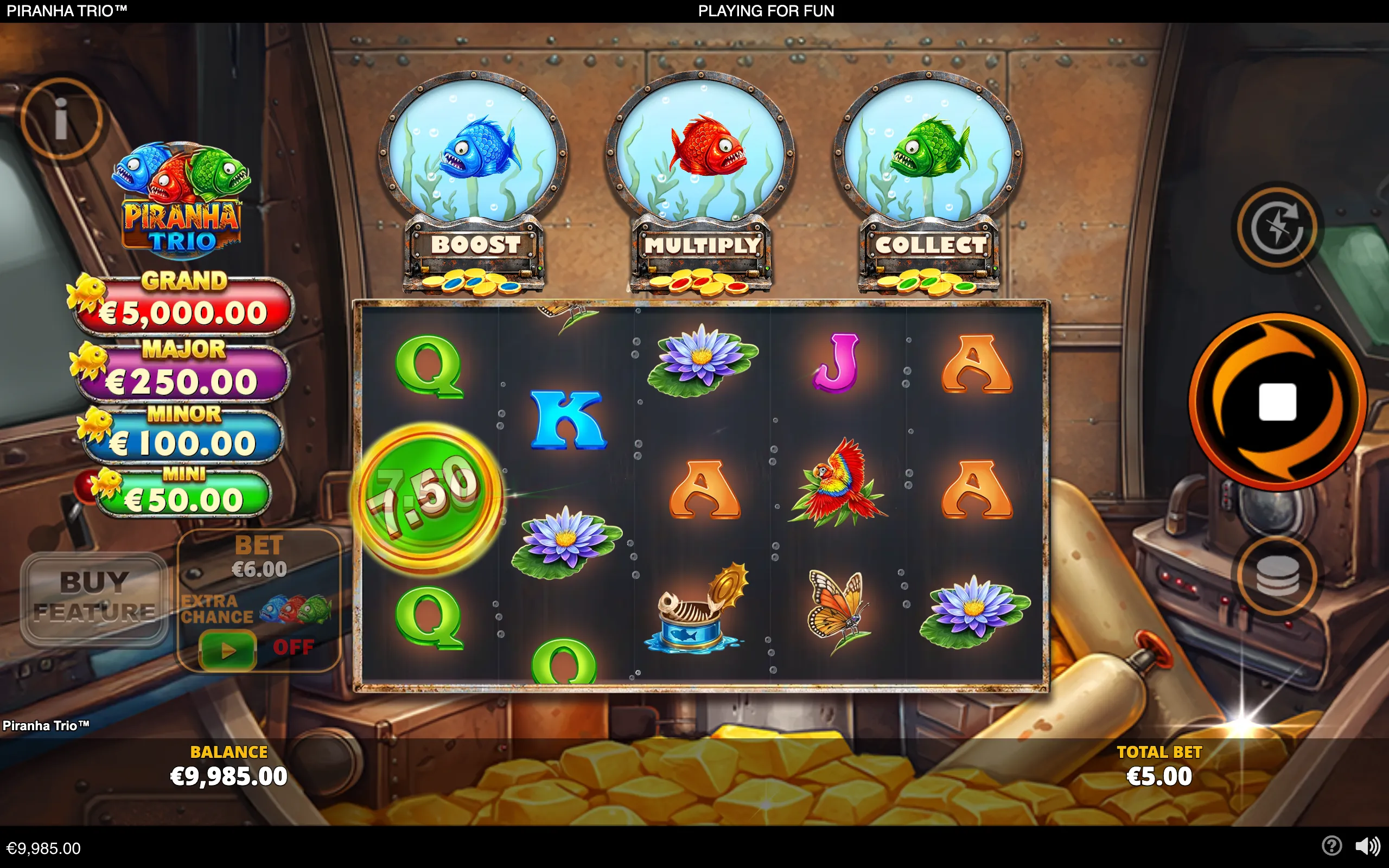 Piranha Trio slot interface with blue, red, and green piranhas above underwater reels, aquatic symbols, jackpot tiers, and a treasure-filled mechanical backdrop.