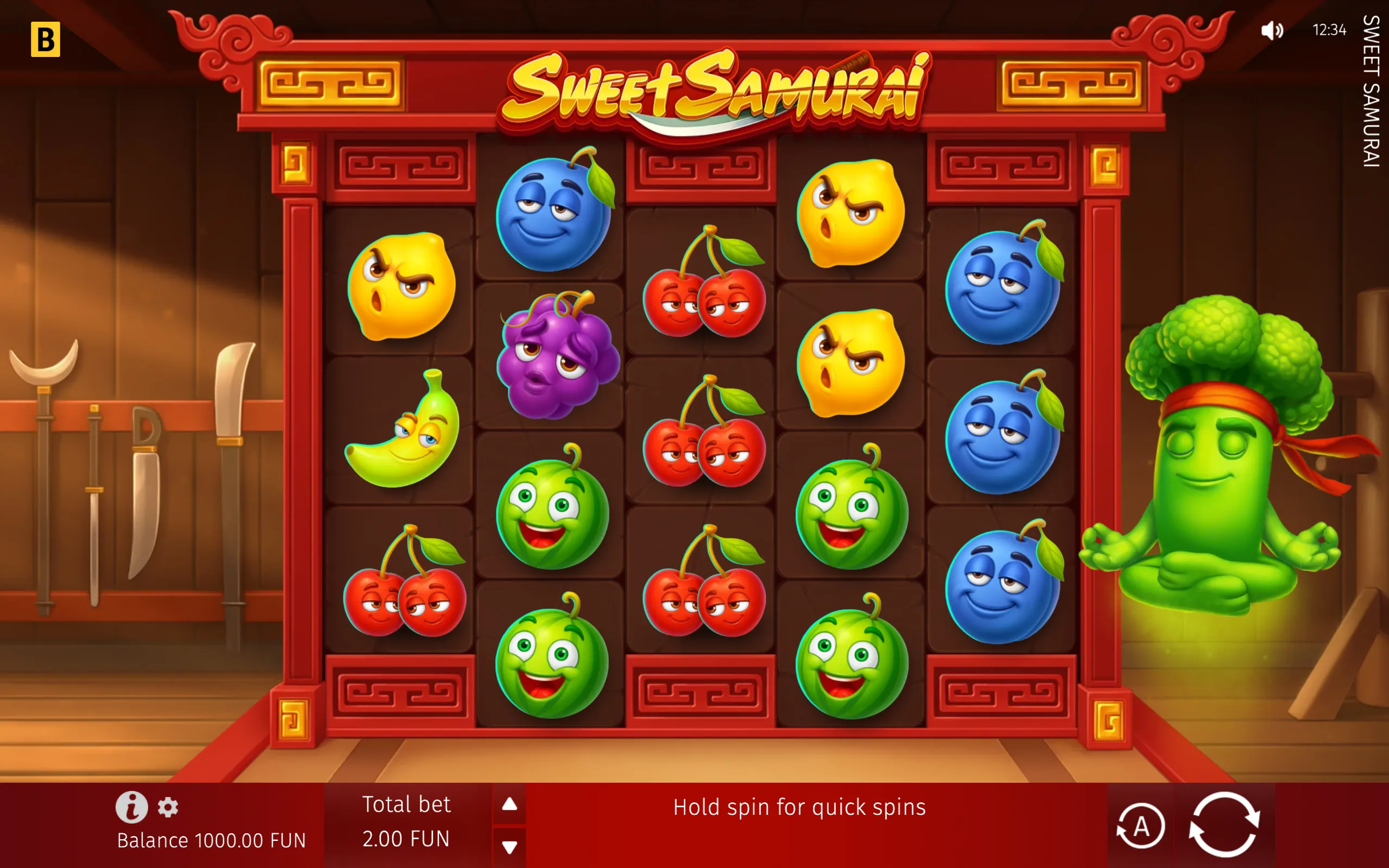 Sweet Samurai slot game with a red Asian-inspired reel frame, expressive fruit symbols, swords in the background, and a meditating green samurai character.