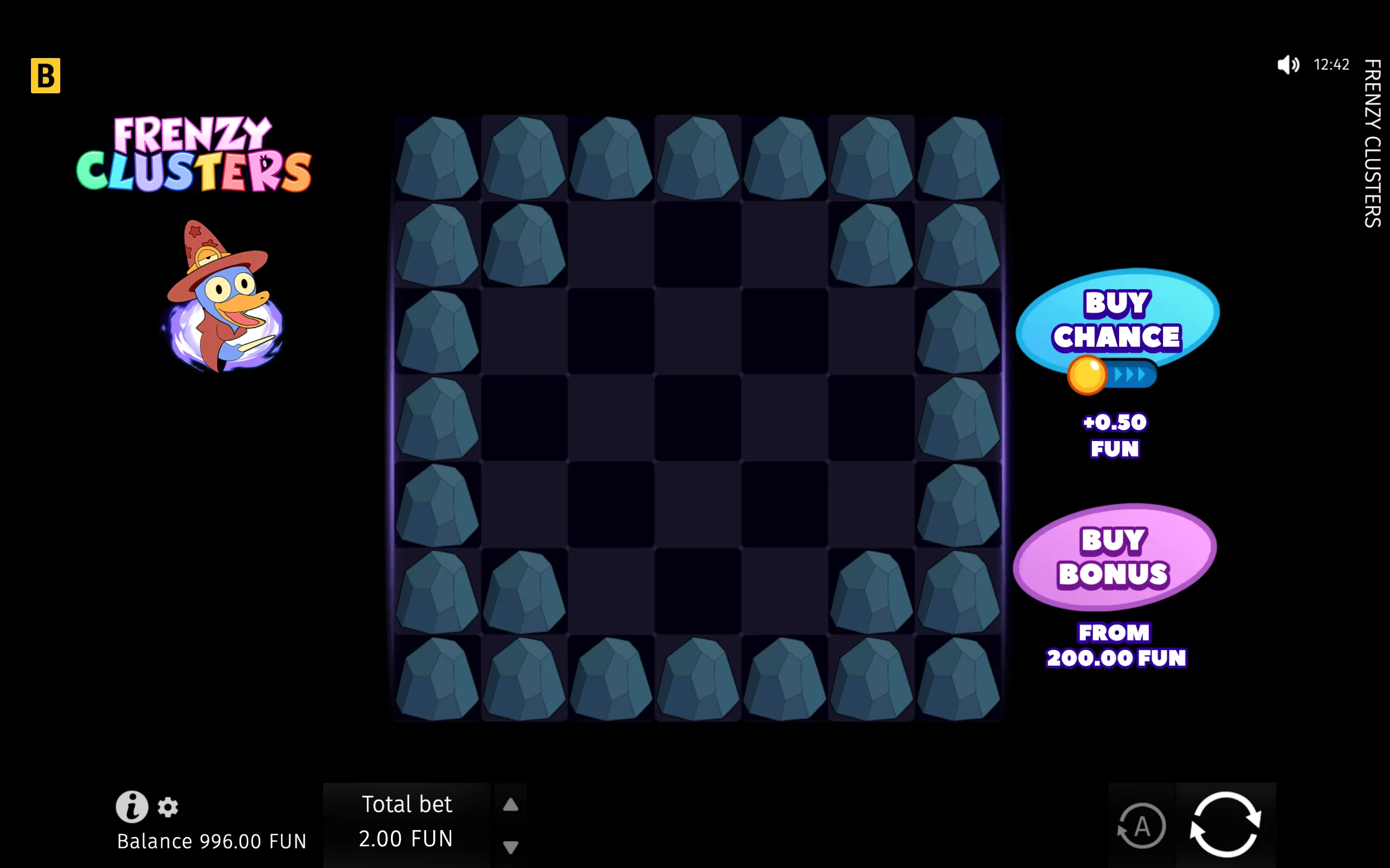 Frenzy Clusters slot interface with a cartoon wizard duck beside a dark grid filled with blue rock symbols, plus Buy Chance and Buy Bonus options.