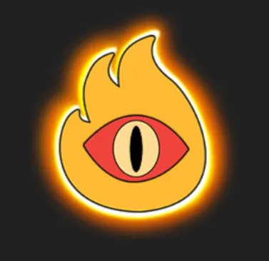 A stylized yellow-orange flame with a red eye and black pupil, glowing against a dark background.