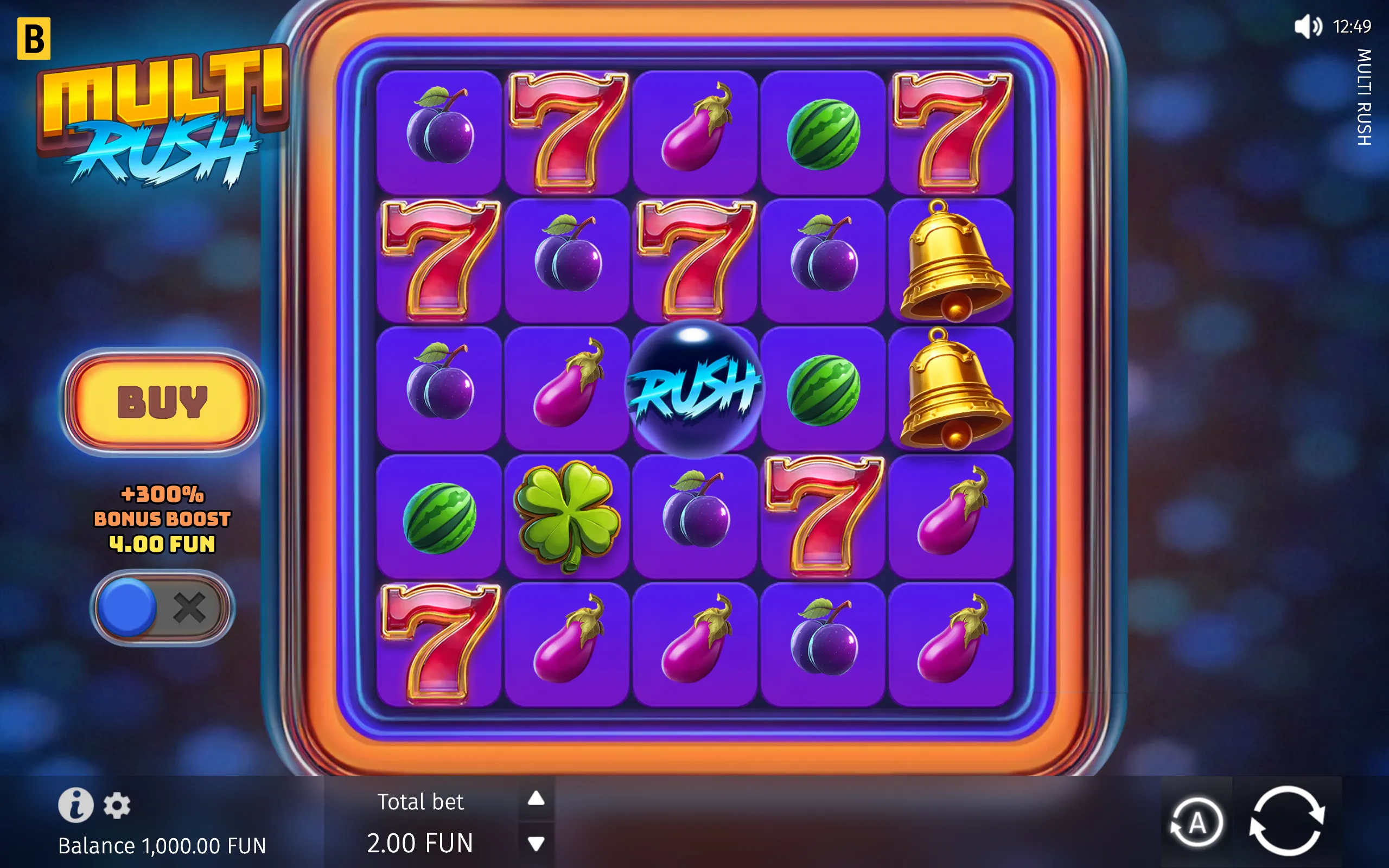 Multi Rush slot interface with a purple 5x5 reel grid featuring sevens, fruit, bells, a clover, and a central RUSH orb, alongside a bonus purchase panel.