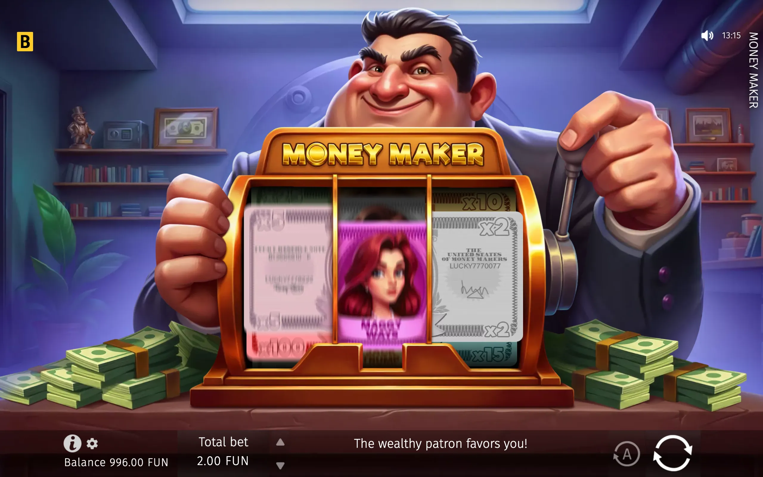 Cartoon-style Money Maker slot interface featuring a smiling wealthy man, stacks of banknotes, a gold-framed reel cabinet, cash symbols, multiplier labels, and a glamorous red-haired woman.