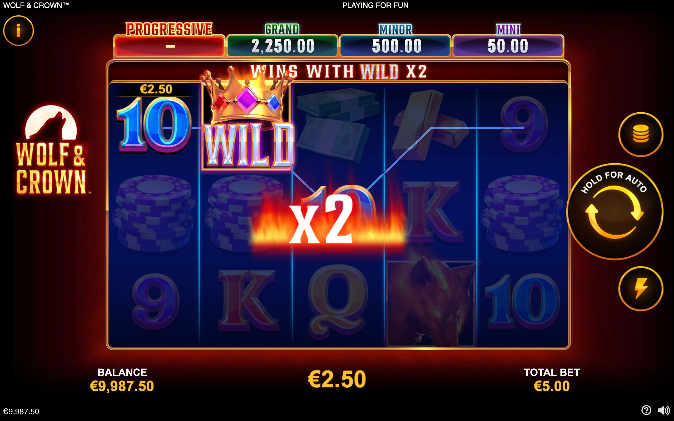 Wolf & Crown slot interface featuring a crowned Wild symbol marked x2, progressive Grand, Minor and Mini jackpot values, wolf branding, playing cards and casino chips.