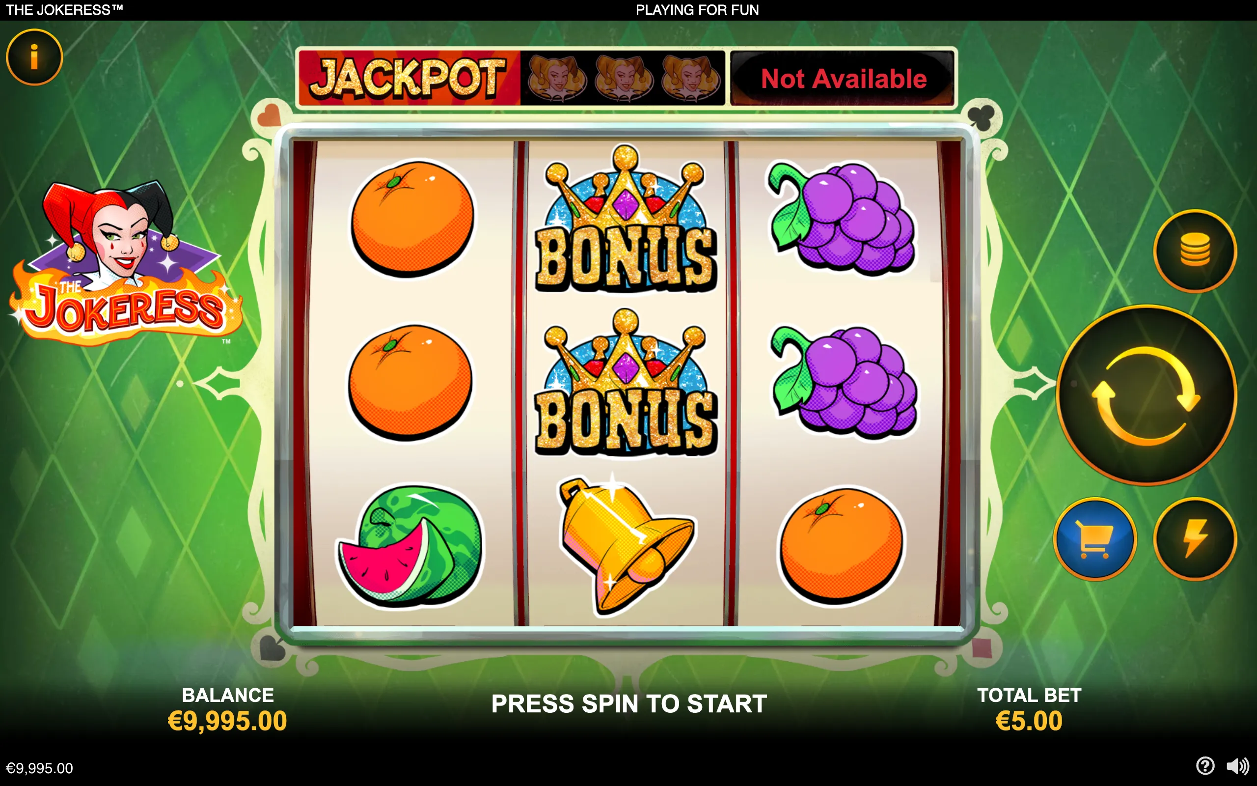 The Jokeress slot interface features a female jester mascot beside three reels displaying oranges, grapes, watermelon, bells, and crown-topped BONUS symbols against a green playing-card backdrop.