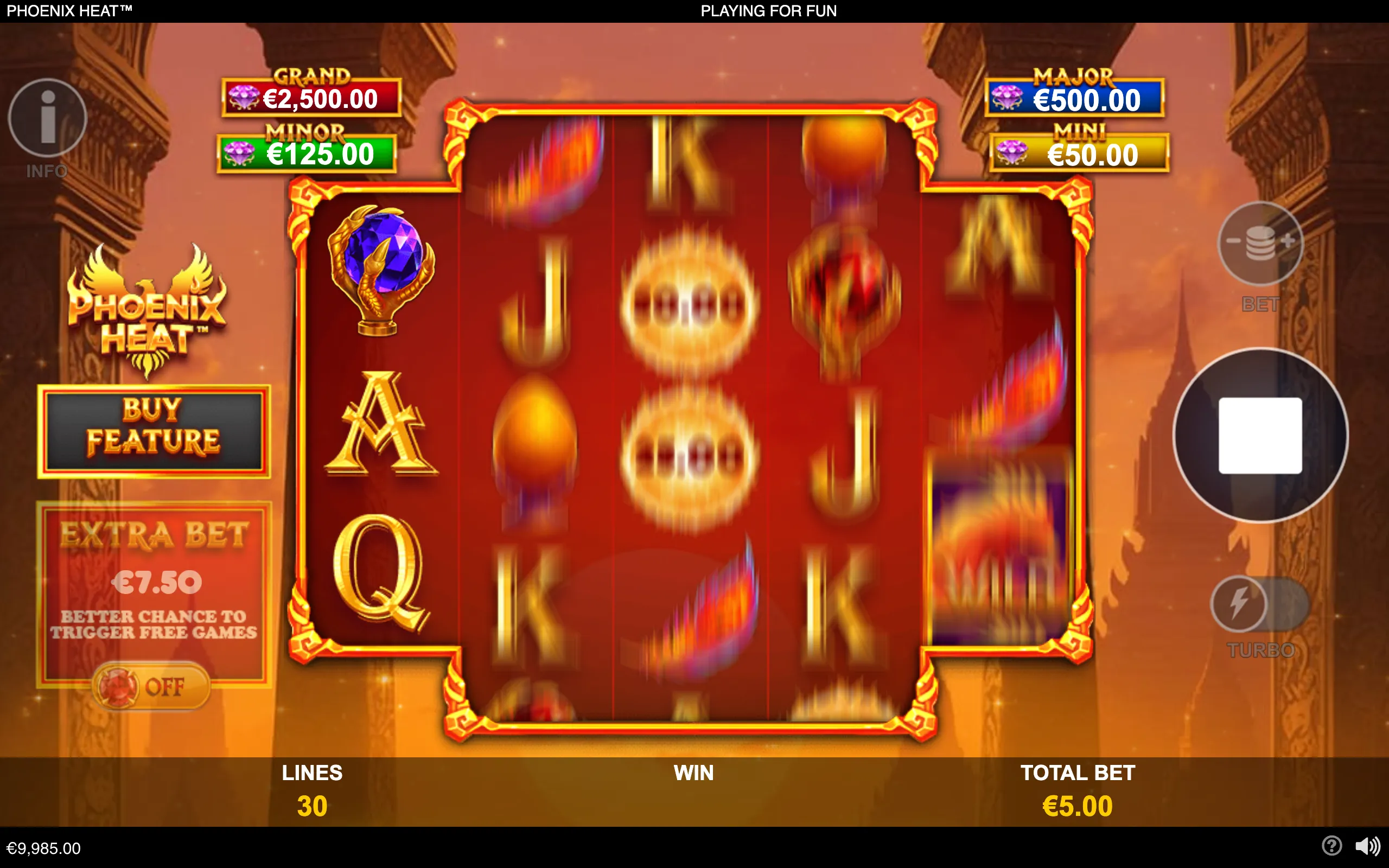 Phoenix Heat slot interface with fiery red reels, Egyptian-inspired gold accents, phoenix branding, jackpot tiers, and spinning jewel and letter symbols.