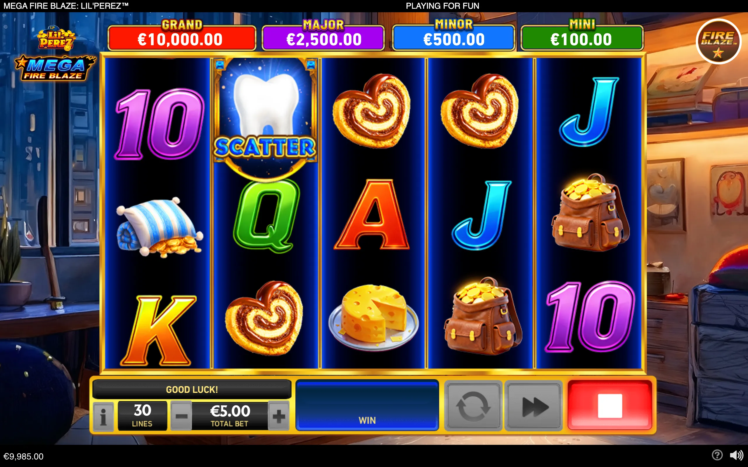 Mega Fire Blaze: Lil'Perez slot preview with five reels, colorful school and treasure symbols, a tooth scatter, jackpot tiers, and a cozy child's room backdrop.