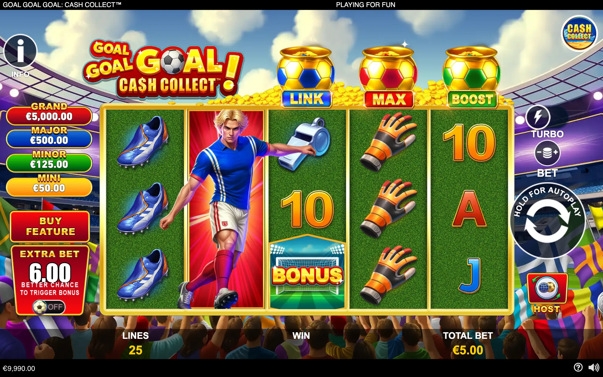 Football-themed slot interface with a soccer player, boots, goalkeeper gloves, whistle, card symbols, a Bonus goal, cash-filled footballs, jackpot tiers, and cheering fans in a stadium.