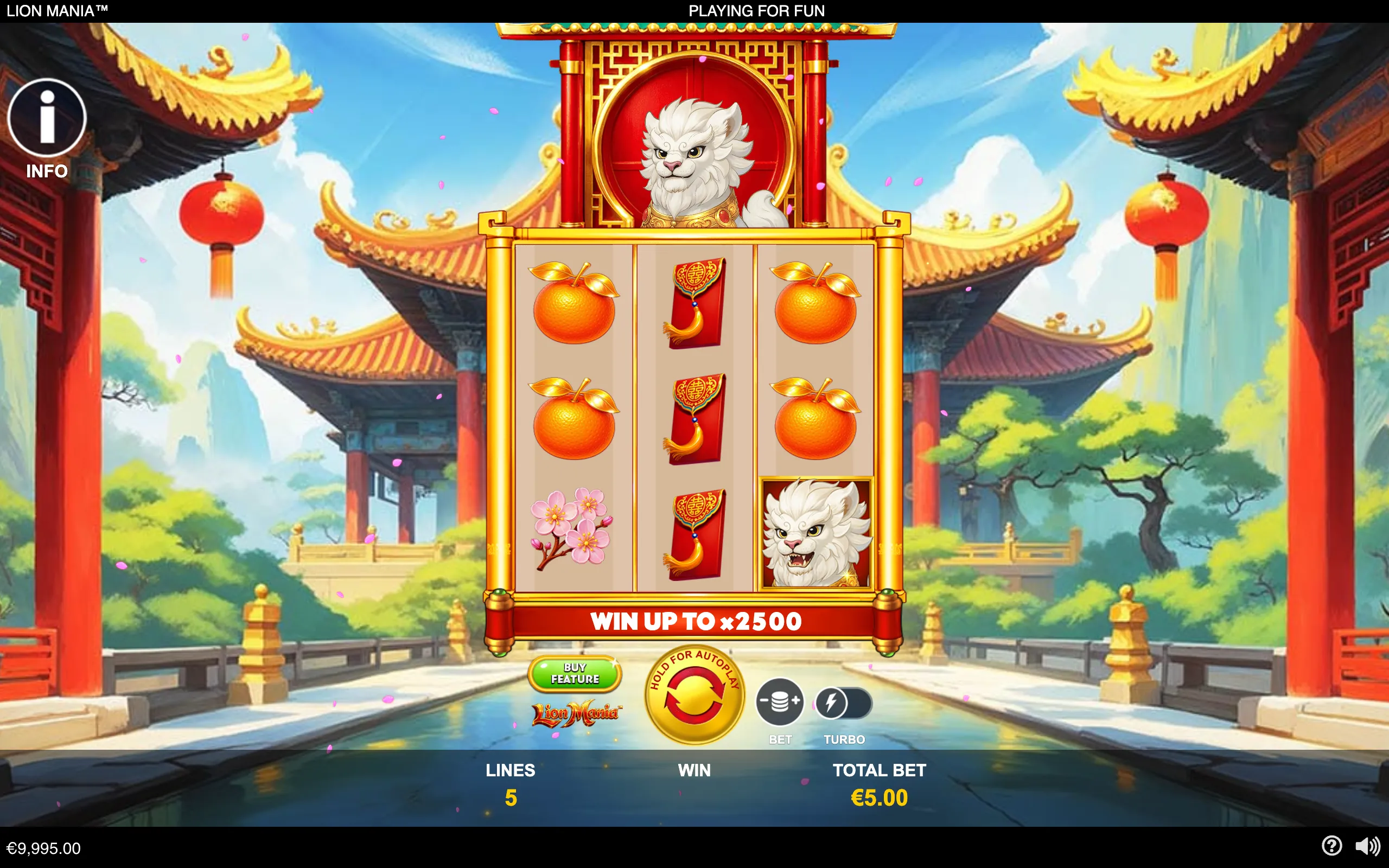 Lion Mania slot interface featuring a white lion, Chinese temple architecture, red lanterns, lucky envelopes, oranges, and plum blossoms across a three-reel layout.