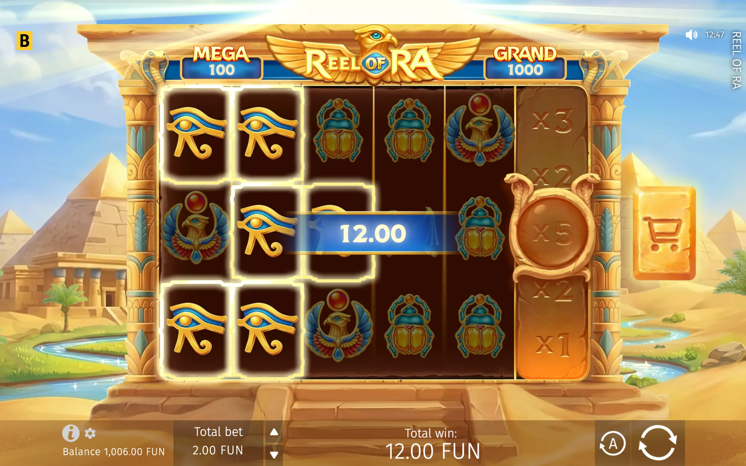 Egyptian-themed Reel of Ra slot interface with Eye of Ra, scarab, falcon, and multiplier symbols across golden temple reels, highlighting a 12.00 FUN win.