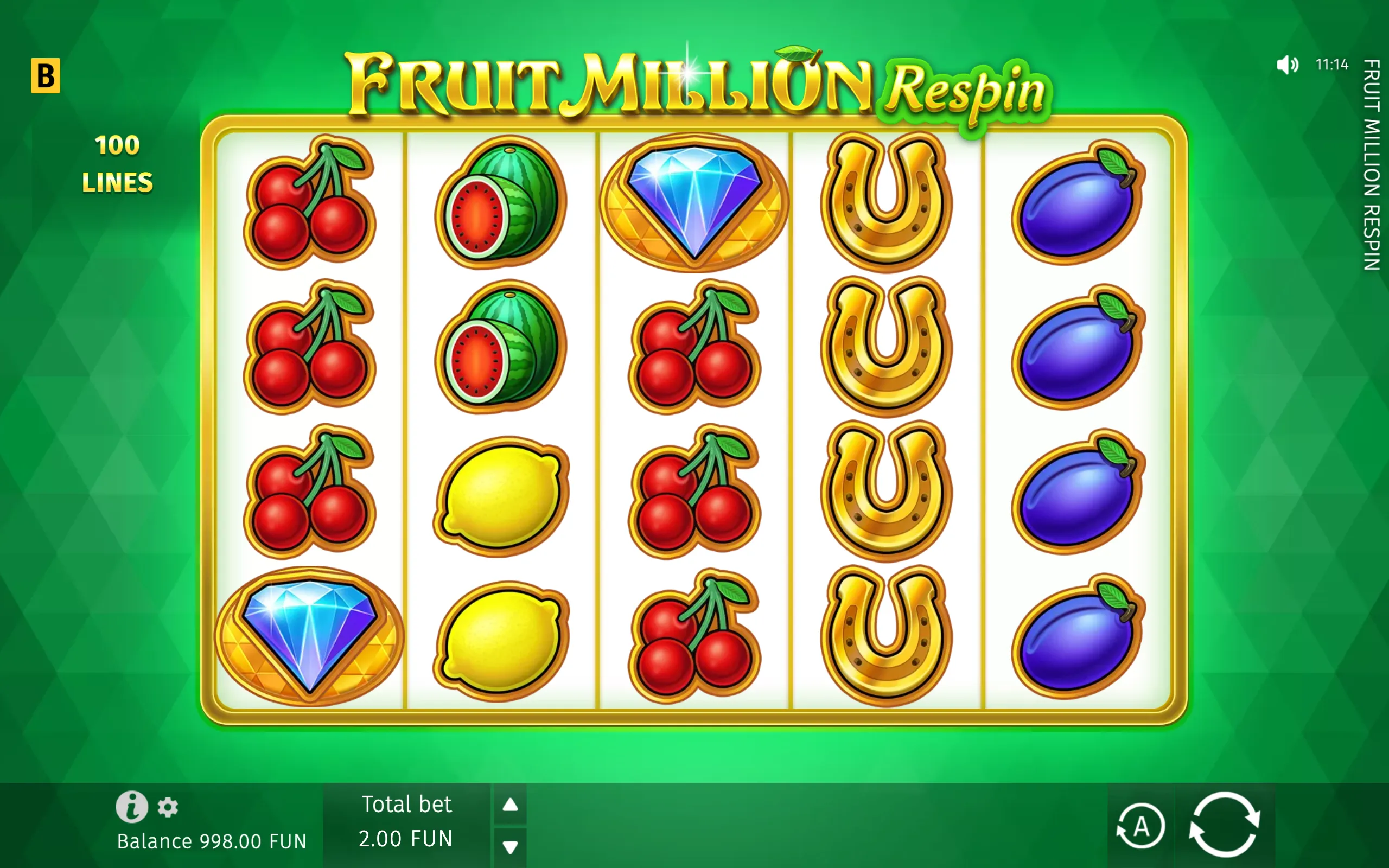 Fruit Million Respin slot interface with five reels filled with cherries, watermelons, plums, lemons, horseshoes, and sparkling diamond symbols against a green backdrop.