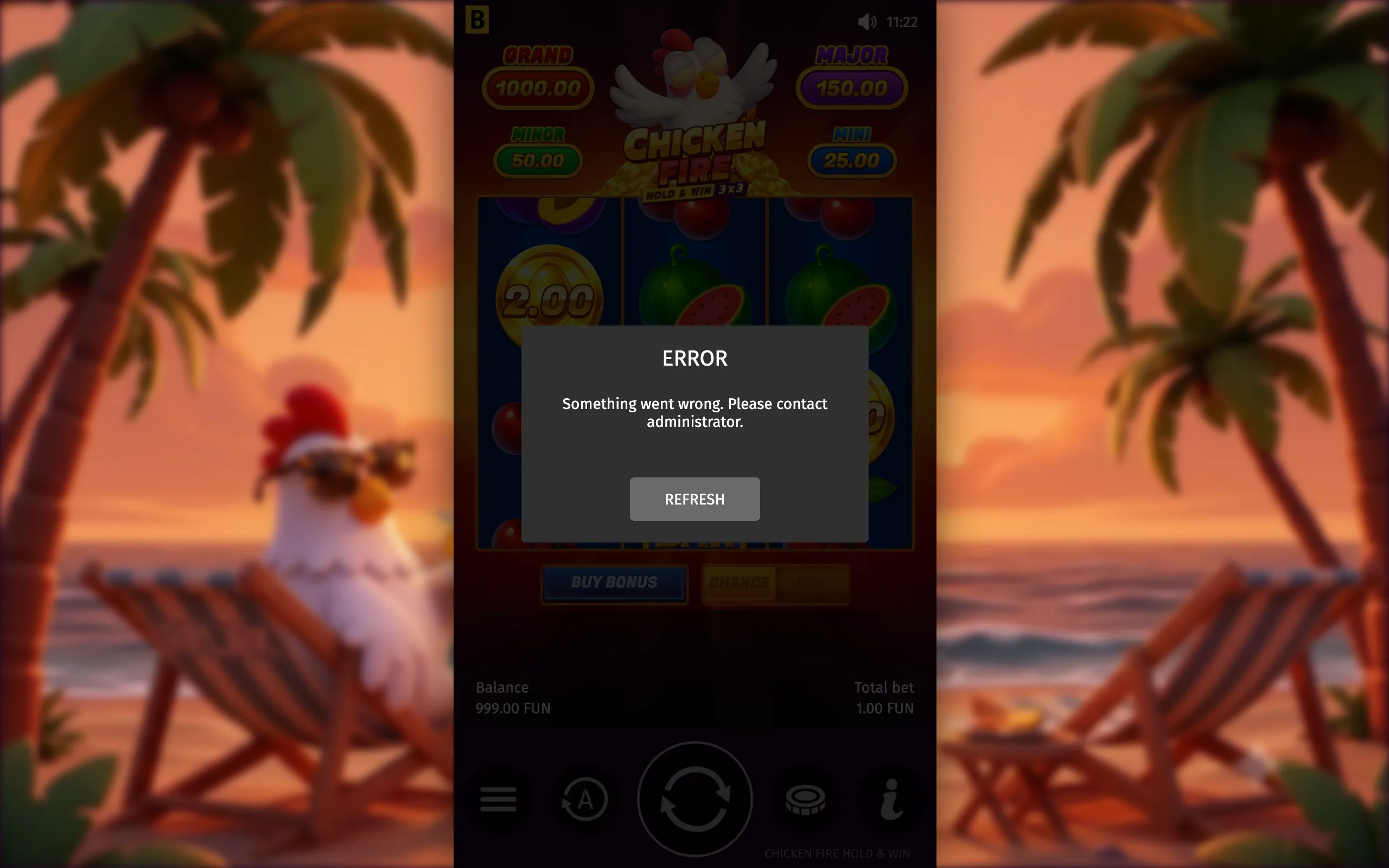 Chicken Fire slot game interface with a cartoon chicken, fruit symbols, tropical palm-tree beach backdrop, jackpot tiers, and an error dialog covering the reels.