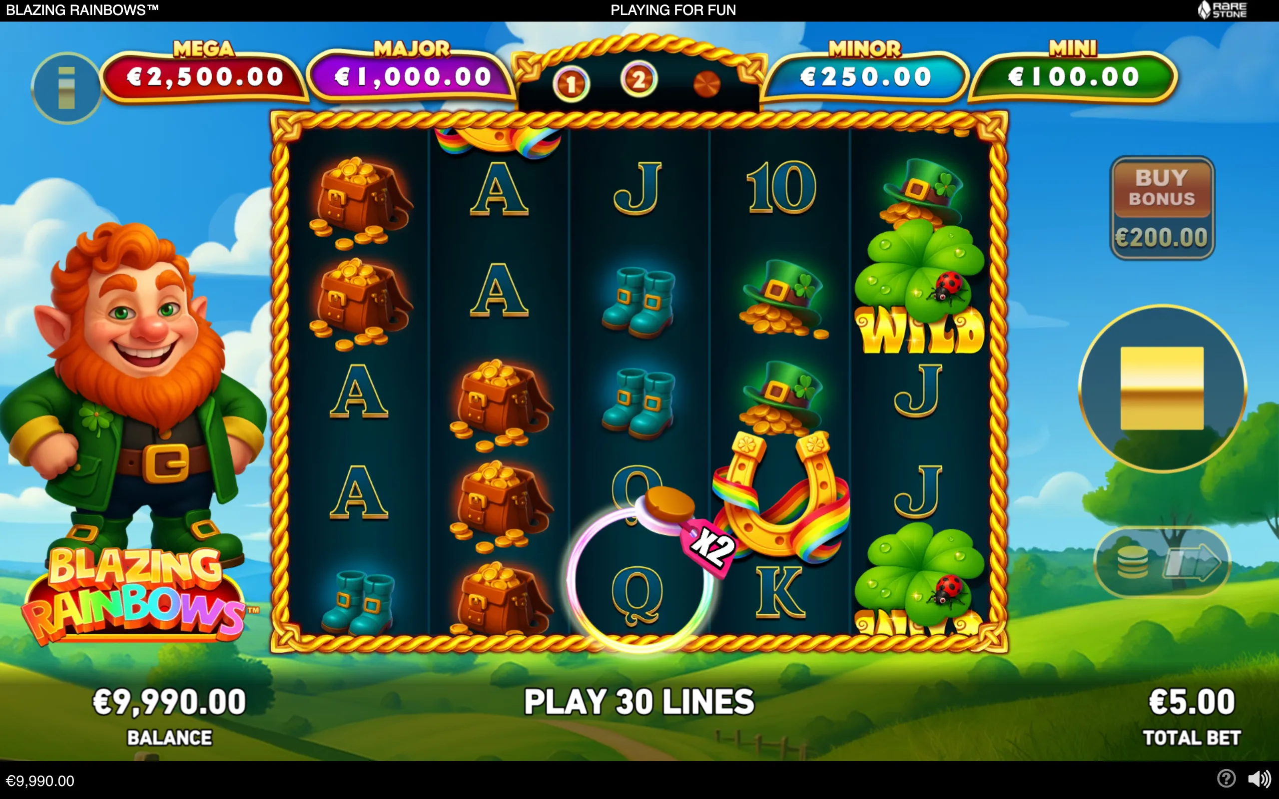 Blazing Rainbows slot interface featuring a smiling leprechaun, rainbow horseshoes, pots of gold, lucky clovers, and colorful jackpot panels over a sunny countryside.
