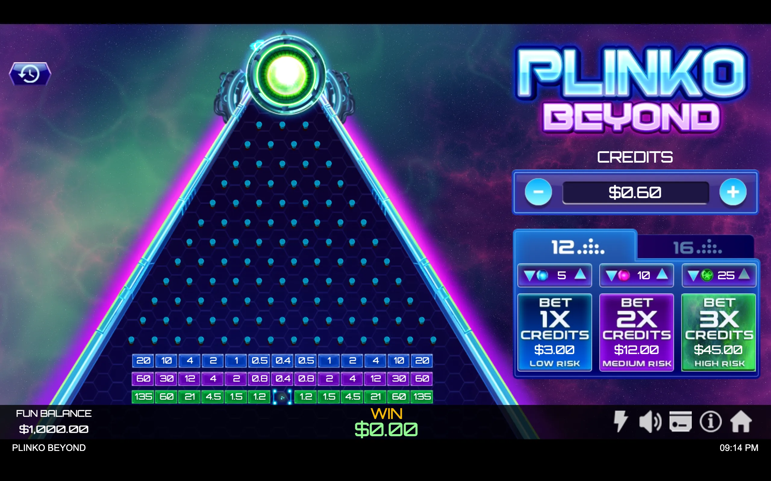 Futuristic Plinko Beyond slot interface with a glowing triangular peg board, neon blue and purple accents, risk controls, credit values, and payout multipliers against a cosmic backdrop.