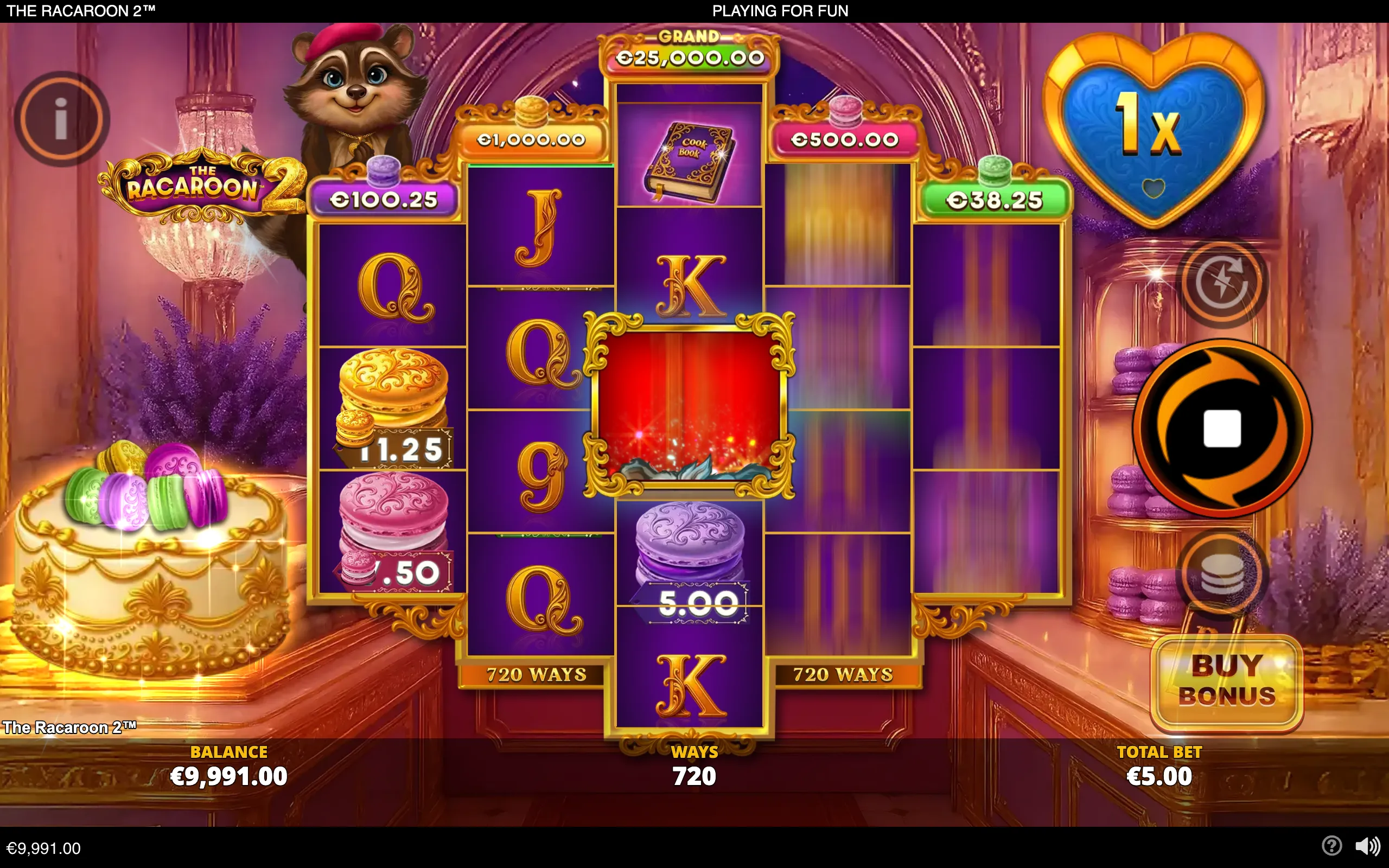 The Racaroon 2 slot interface features a cheerful cartoon raccoon, ornate golden reels, colorful macarons, a cook book symbol, jackpot meters, and a lavish purple-and-gold confectionery setting.