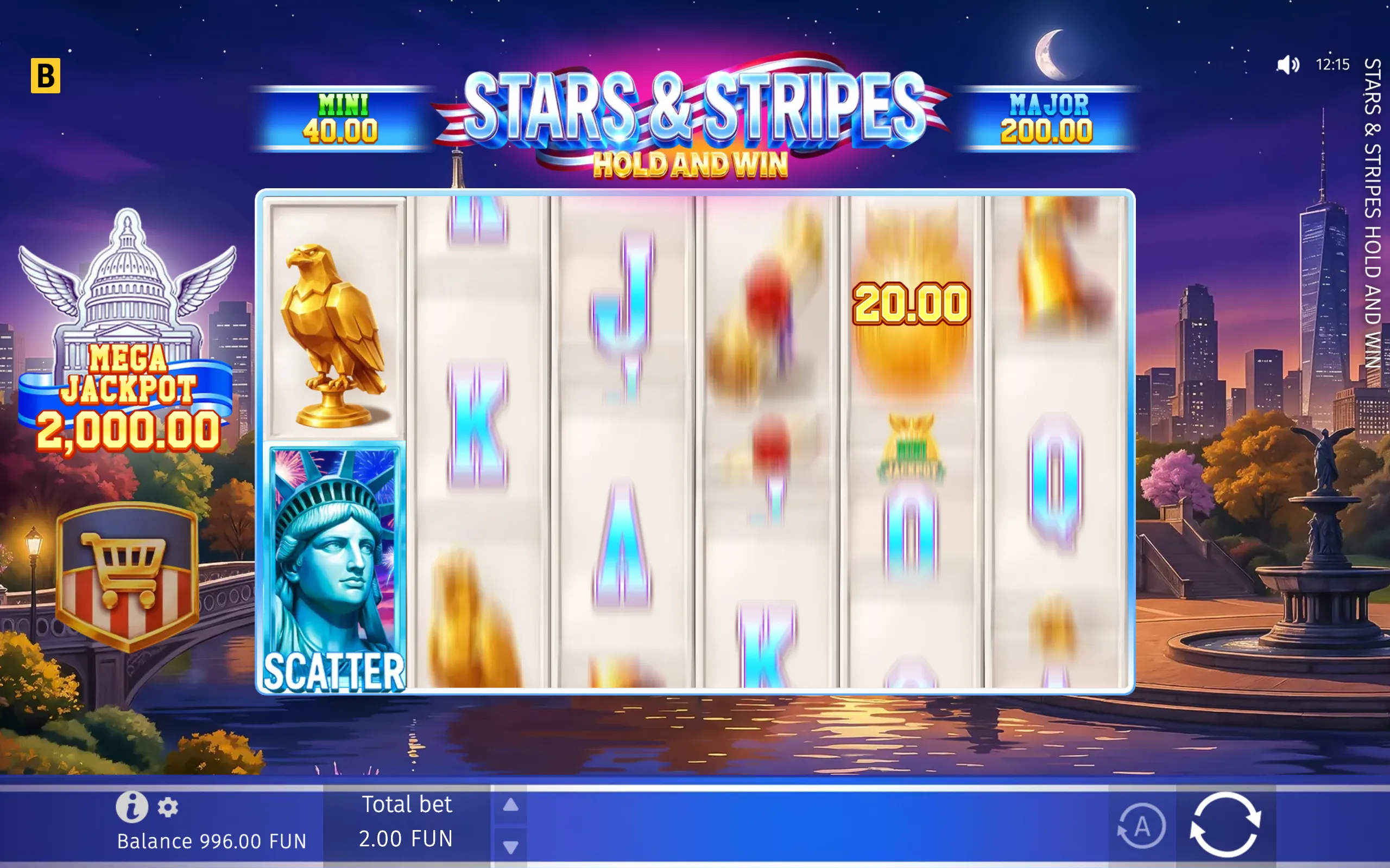 Stars & Stripes Hold and Win slot interface with American landmarks, a starry night cityscape, golden eagle and Statue of Liberty symbols, jackpot values, and spinning reels.