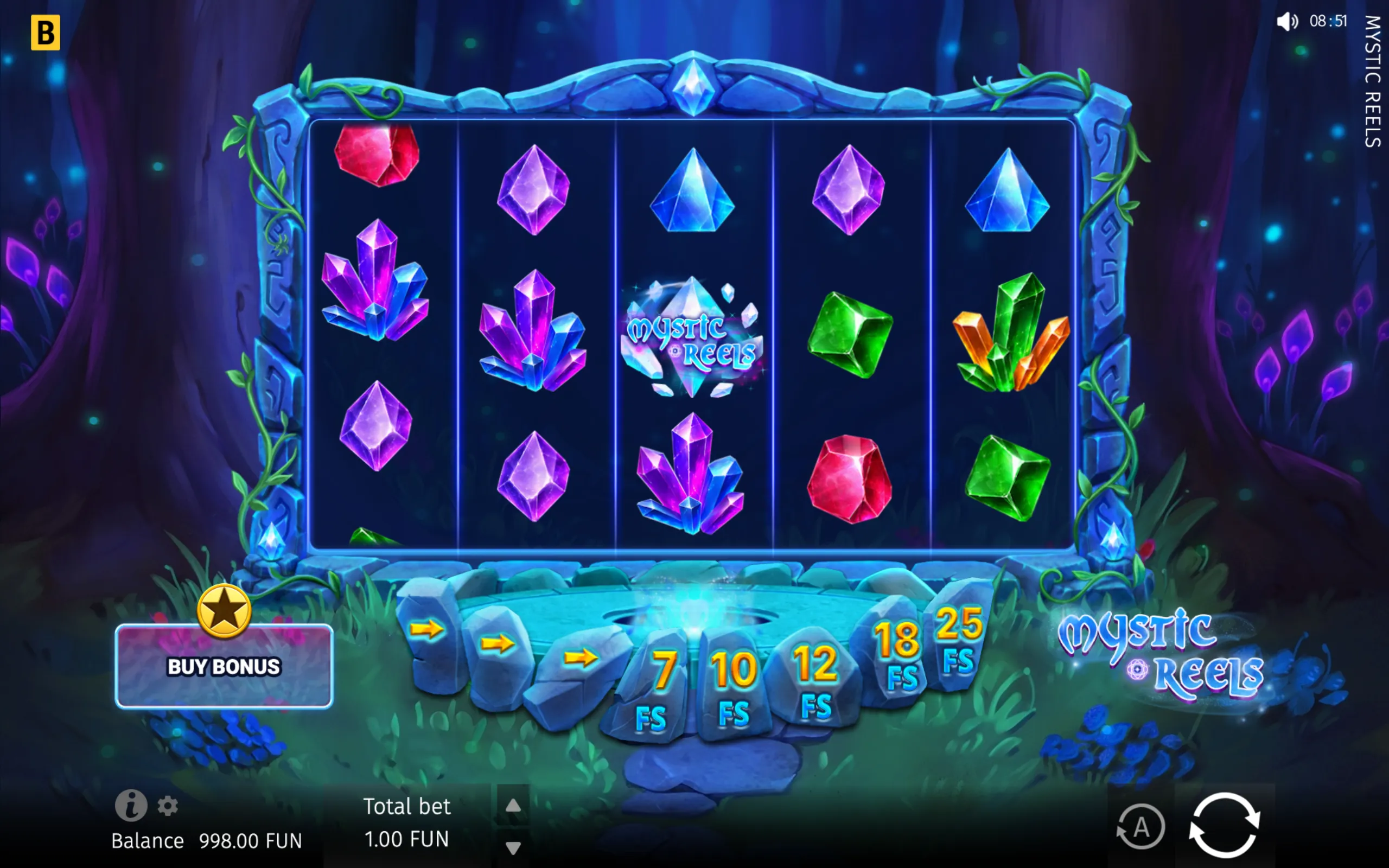 Mystic Reels slot interface with glowing purple, blue, green, and red crystals on five reels, set within an enchanted forest with a Buy Bonus panel and free-spin options.
