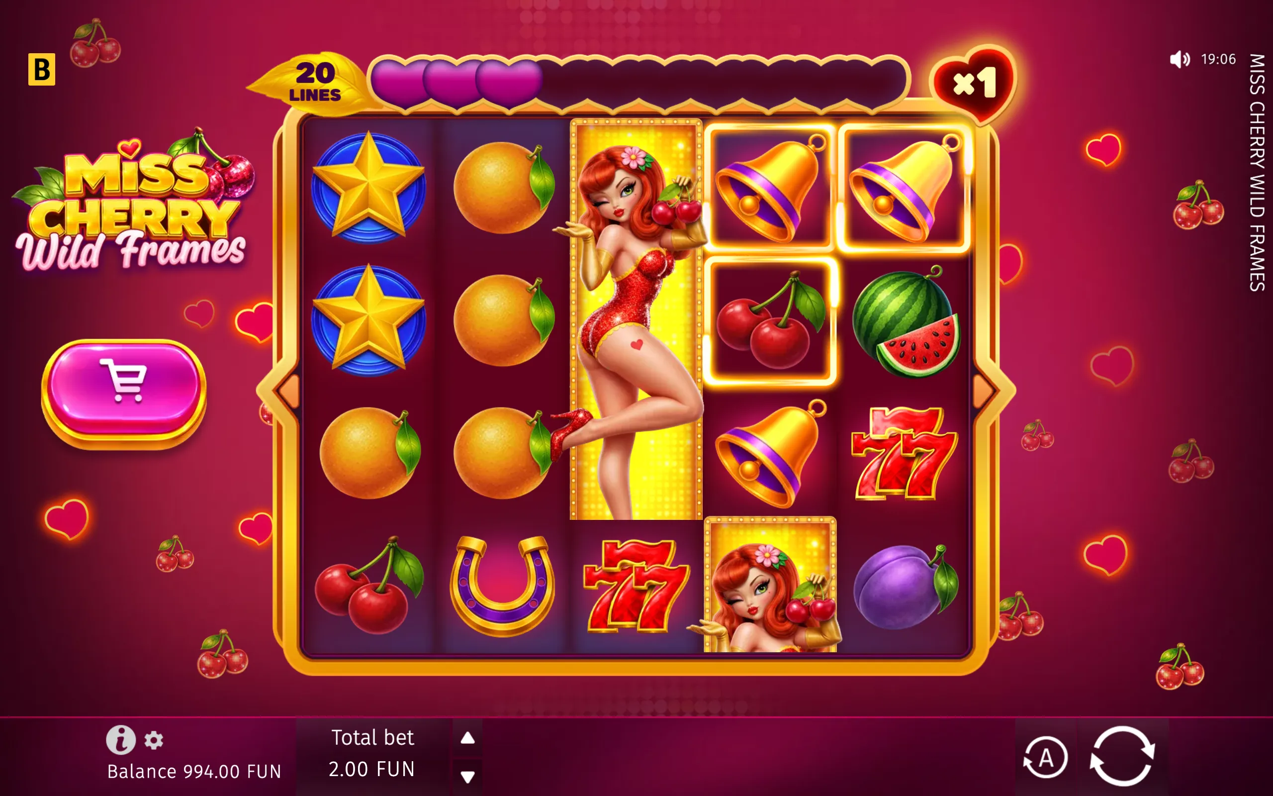 Miss Cherry Wild Frames slot interface with a red-haired woman, cherries, bells, fruit symbols, glowing golden frames, heart icons, and a 20-line display.