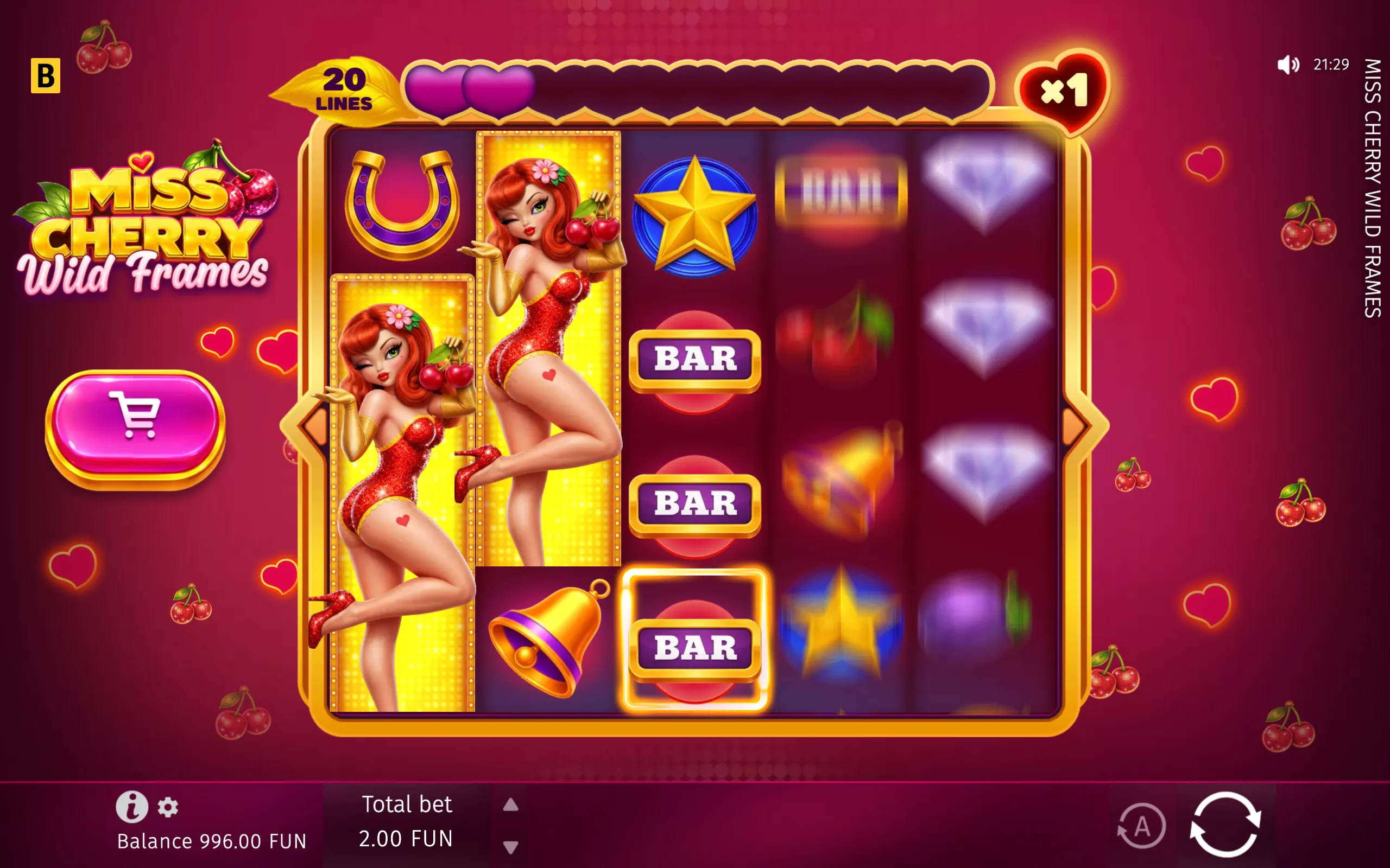 Miss Cherry Wild Frames slot interface with red-haired women in glittering dresses, cherries, hearts, BAR symbols, a horseshoe, star, bell, and glowing gold-framed reels.
