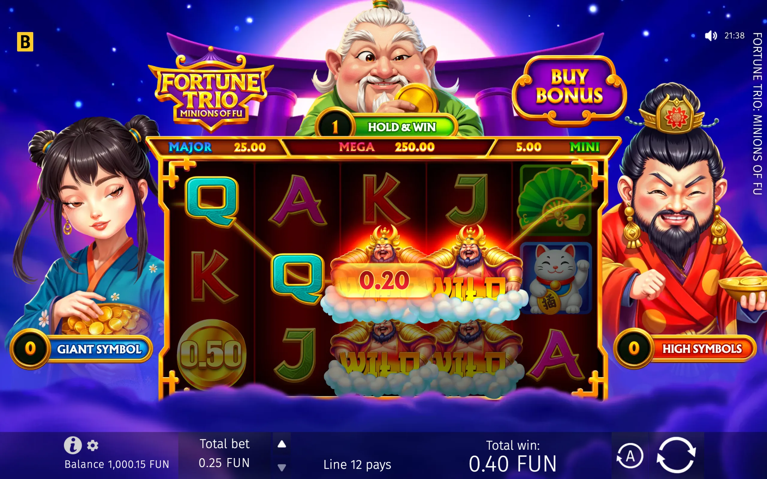 Fortune Trio: Minions of Fu slot interface with smiling Chinese fortune characters, a moonlit purple backdrop, gold coins, lucky cat symbols, and a Hold & Win reel display.
