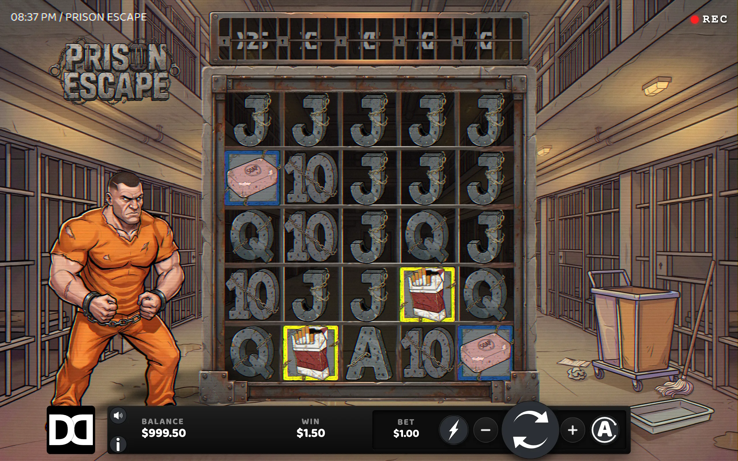 Prison Escape slot game with chained letter symbols, highlighted soap and cigarette symbols, and a muscular inmate in an illustrated prison corridor.