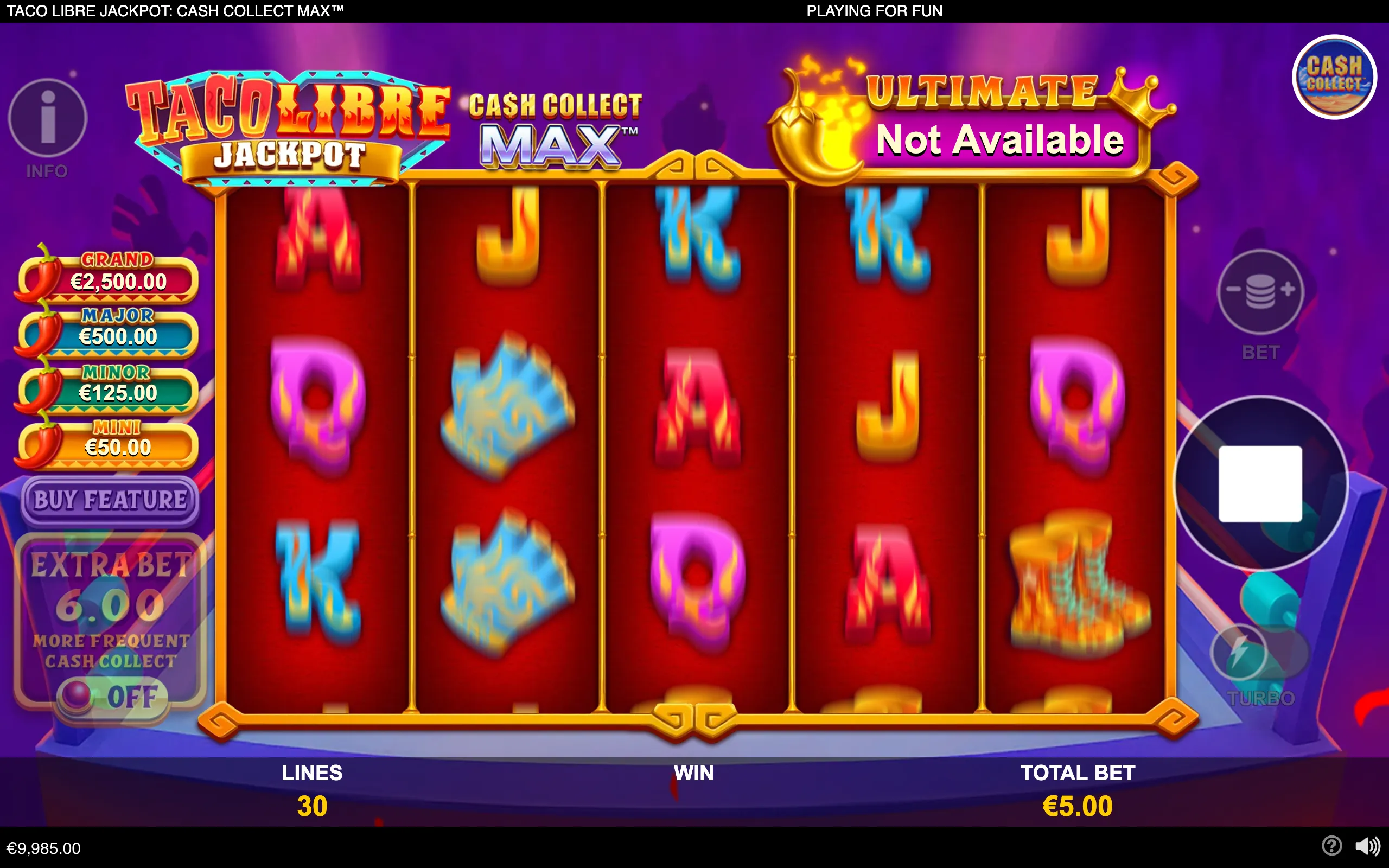 Taco Libre Cash Collect Max slot with five red reels, fiery letter symbols, jackpot meters, and a purple-and-gold Mexican-inspired backdrop.