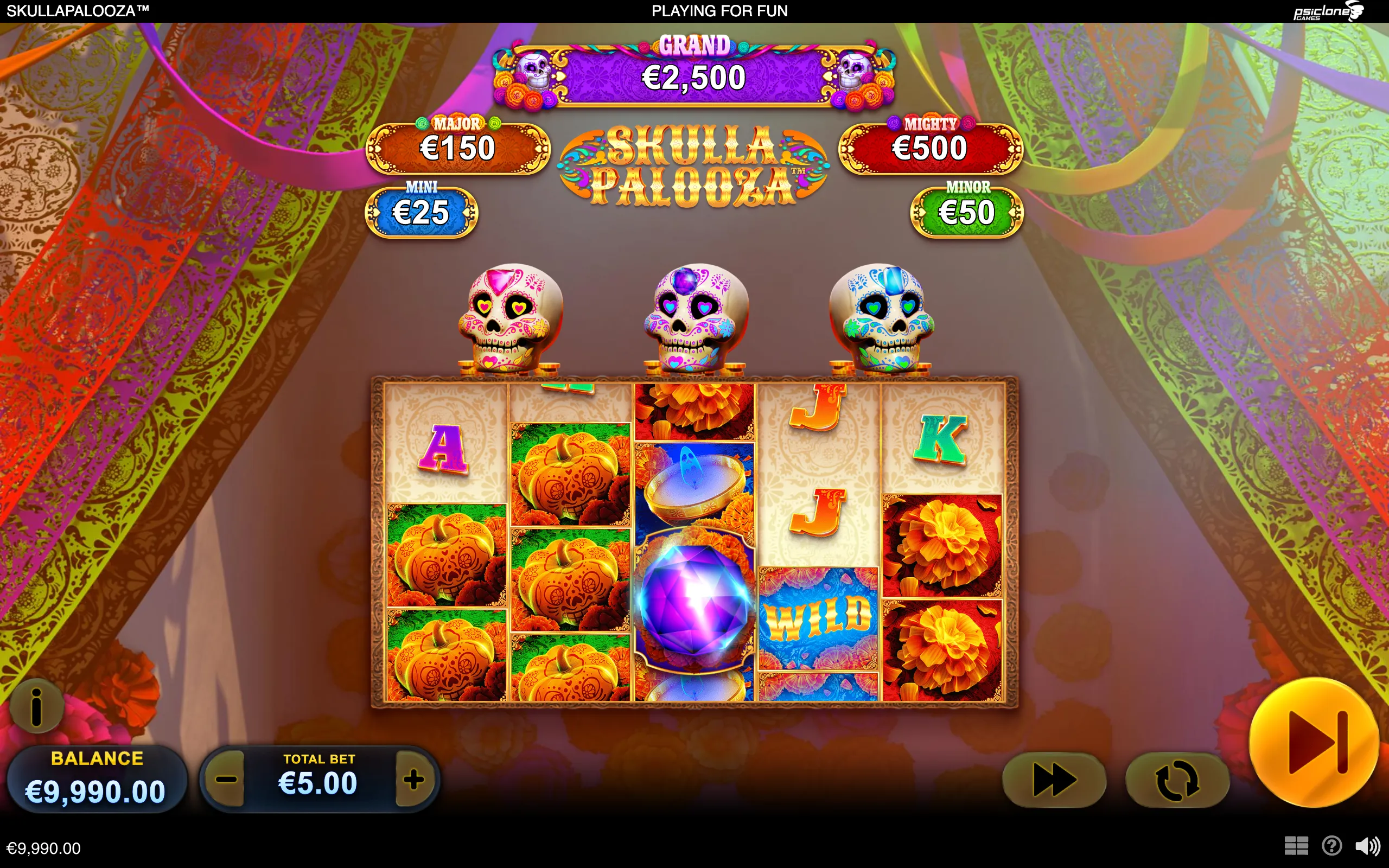 Colorful Skullapalooza slot interface with decorated sugar skulls, marigold flowers, pumpkins, candles, gemstones, wild symbols, and displayed Mini, Minor, Major, Mighty, and Grand jackpot amounts.