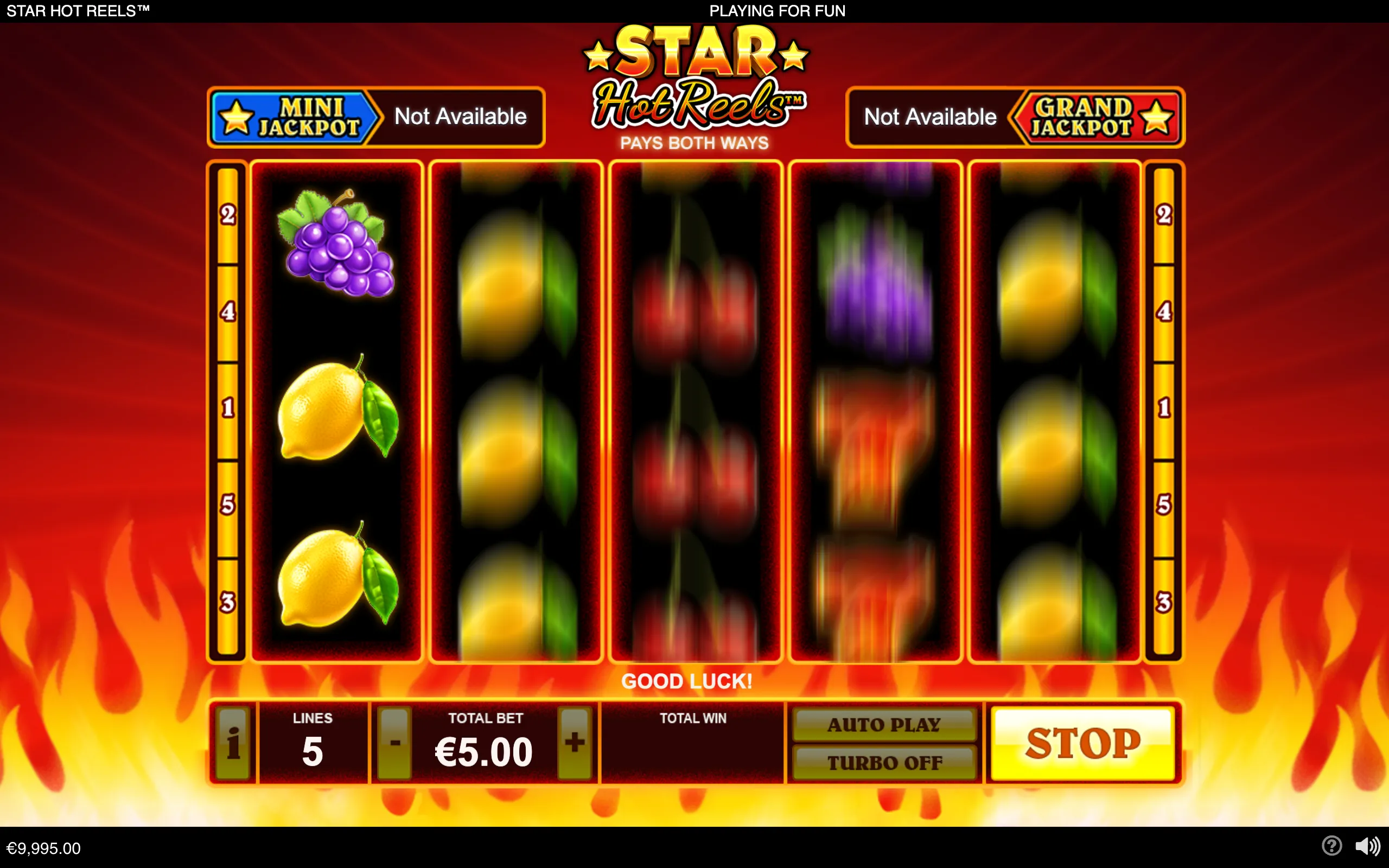 Star Hot Reels slot interface with five fruit reels, grapes and lemons, fiery red-orange backdrop, jackpot panels, and spin controls.