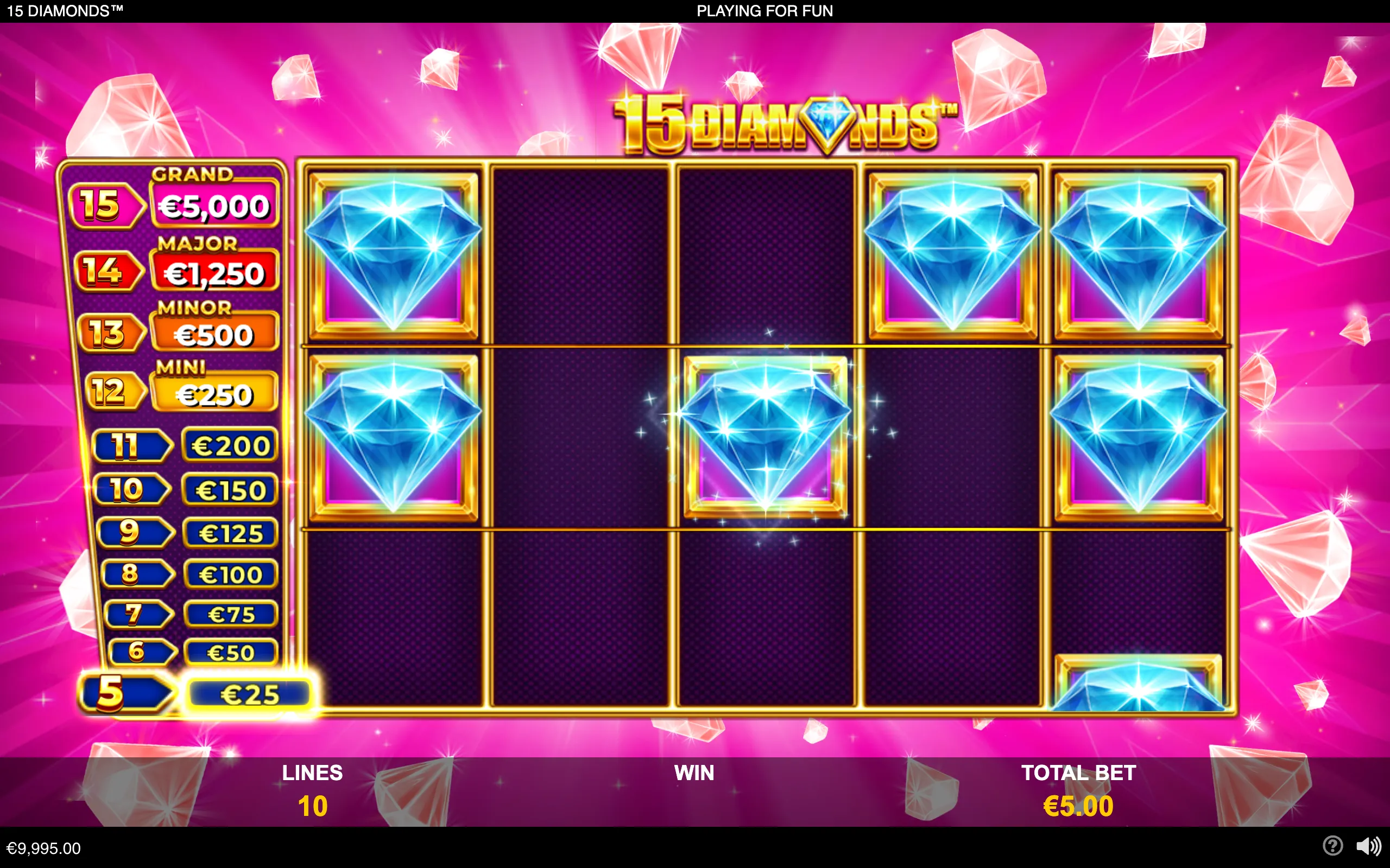 15 Diamonds slot game with blue diamond symbols across a gold-framed 5x3 reel grid, a €25 to €5,000 prize ladder, and a sparkling pink diamond backdrop.