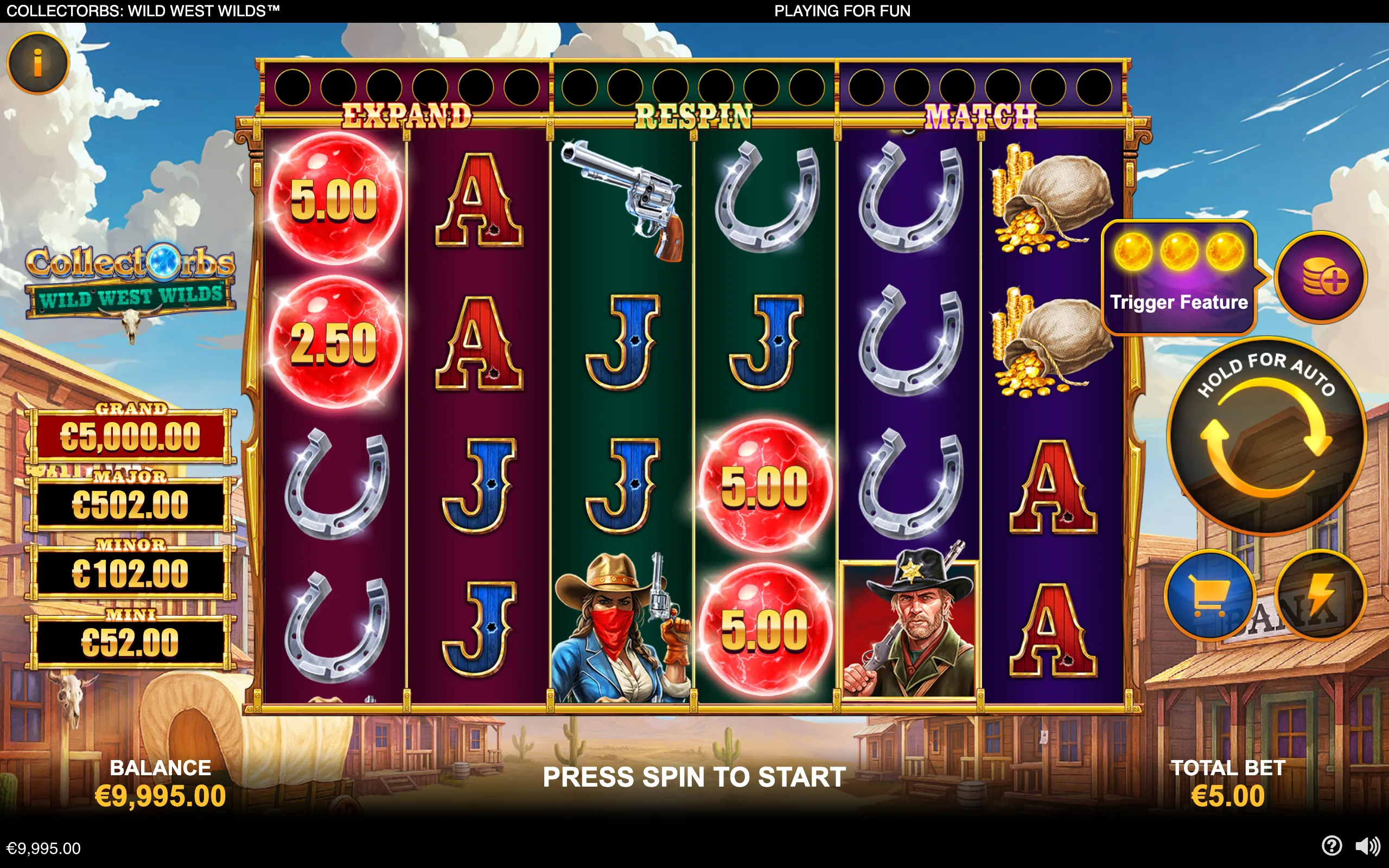 Wild West slot reels with glowing red cash orbs, horseshoes, revolvers, cowboy characters, coin bags, and jackpot meters against a frontier town backdrop.
