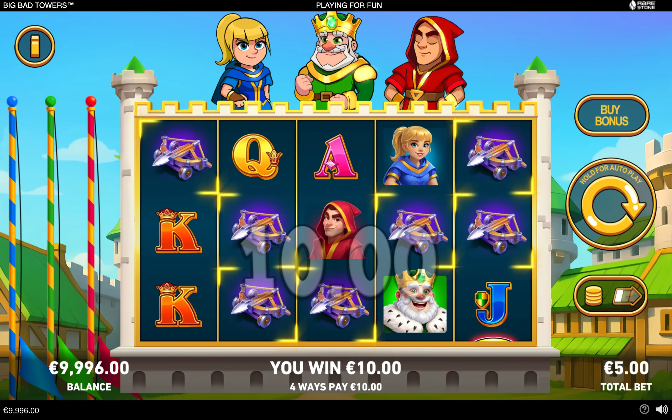 Big Bad Towers slot game interface with a castle-themed reel grid, crossbows, royal characters, fantasy letter symbols, and a €10 win.