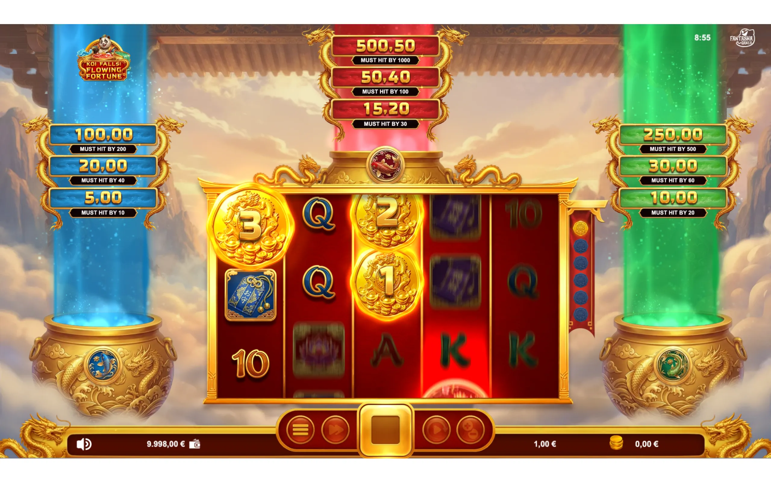 Koi Falls: Flowing Fortune slot interface with gold coin symbols, dragon ornamentation, red reels, and blue, red, and green jackpot columns.