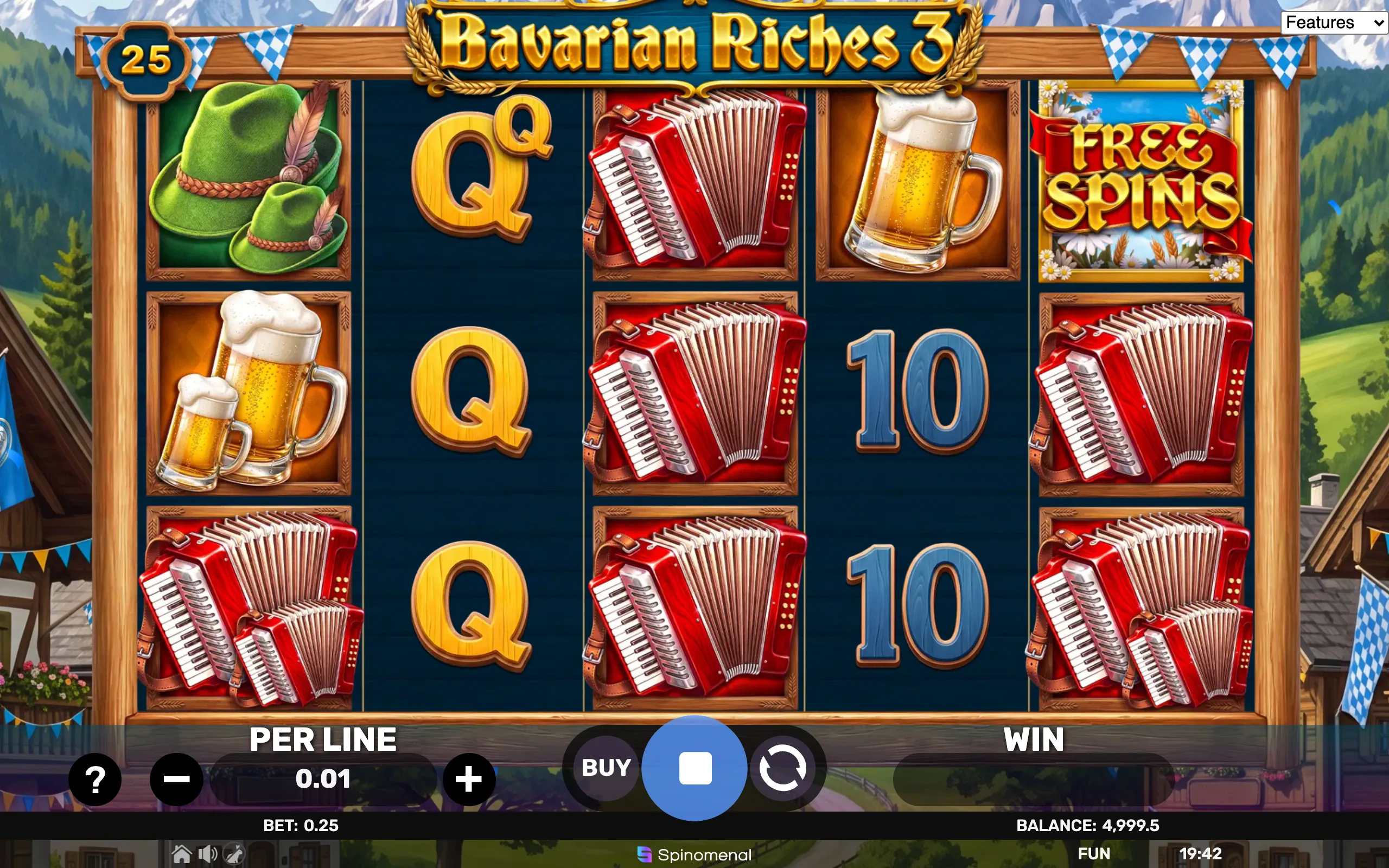Bavarian Riches 3 slot reels featuring green alpine hats, beer steins, red accordions, card symbols, and a FREE SPINS tile against a mountain village backdrop.