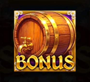 A richly carved wooden beer barrel with golden bands and a brass tap, labeled BONUS and decorated with small white flowers.
