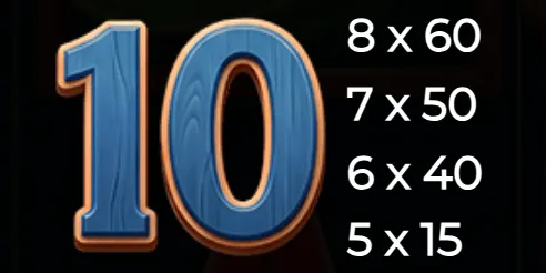 A large blue-and-gold number 10 appears beside payout tiers of 8 x 60, 7 x 50, 6 x 40, and 5 x 15 on a dark backdrop.