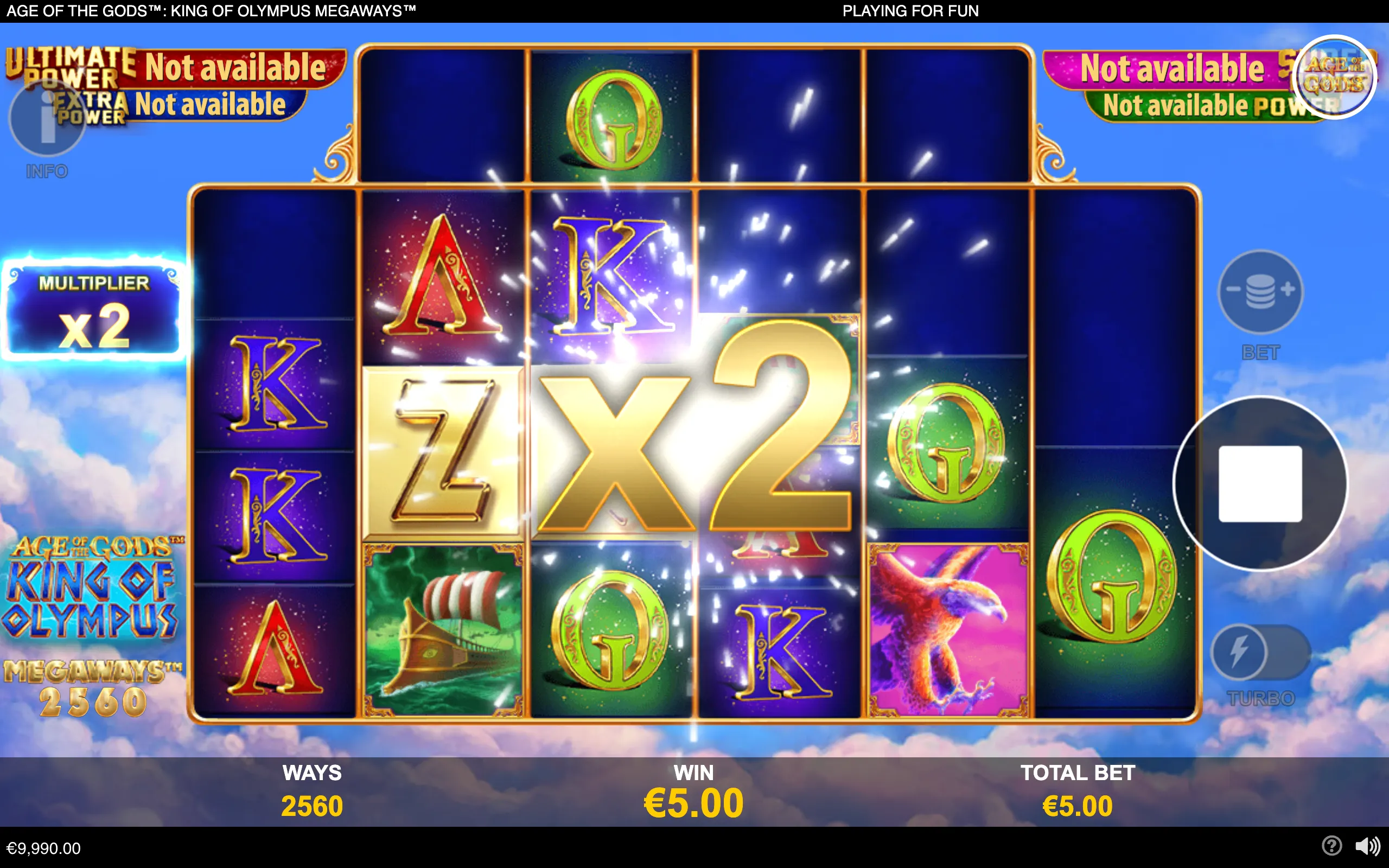 Age of the Gods King of Olympus Megaways slot interface with Greek-style symbols, a large 2x multiplier, €5.00 win display, and cloud-filled Olympus scenery.