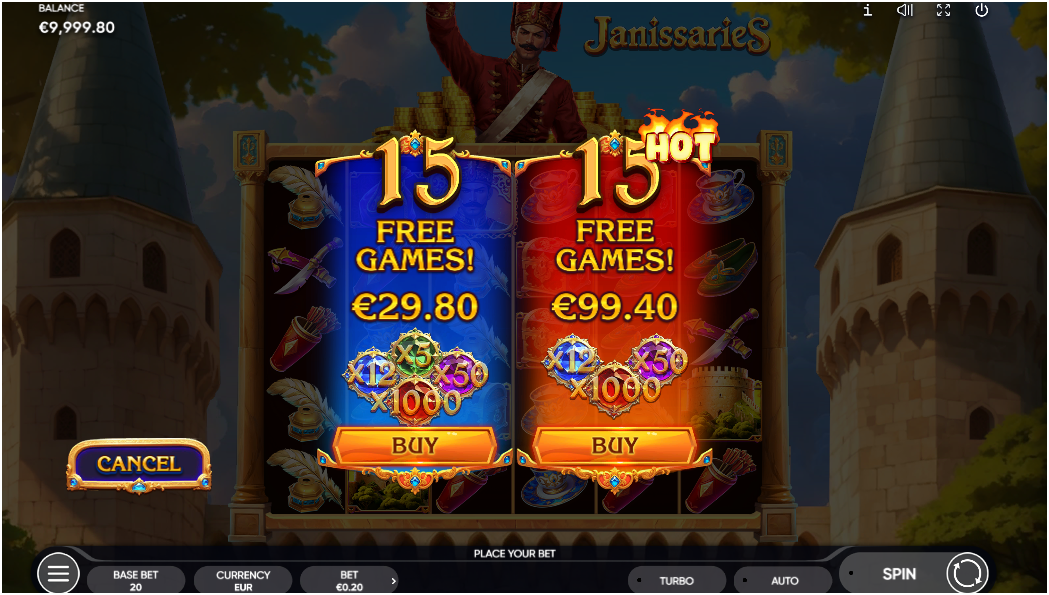 Two bonus feature panels offer 15 free games each, with different multiplier sets and purchase prices displayed below.