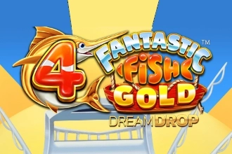 4 Fantastic Fish Gold slot game logo with orange fish mascot and Dream Drop feature against blue and yellow sunburst background