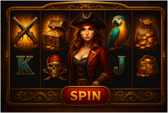 Pirate-themed slot with reels showing treasure, parrots, and swords.
