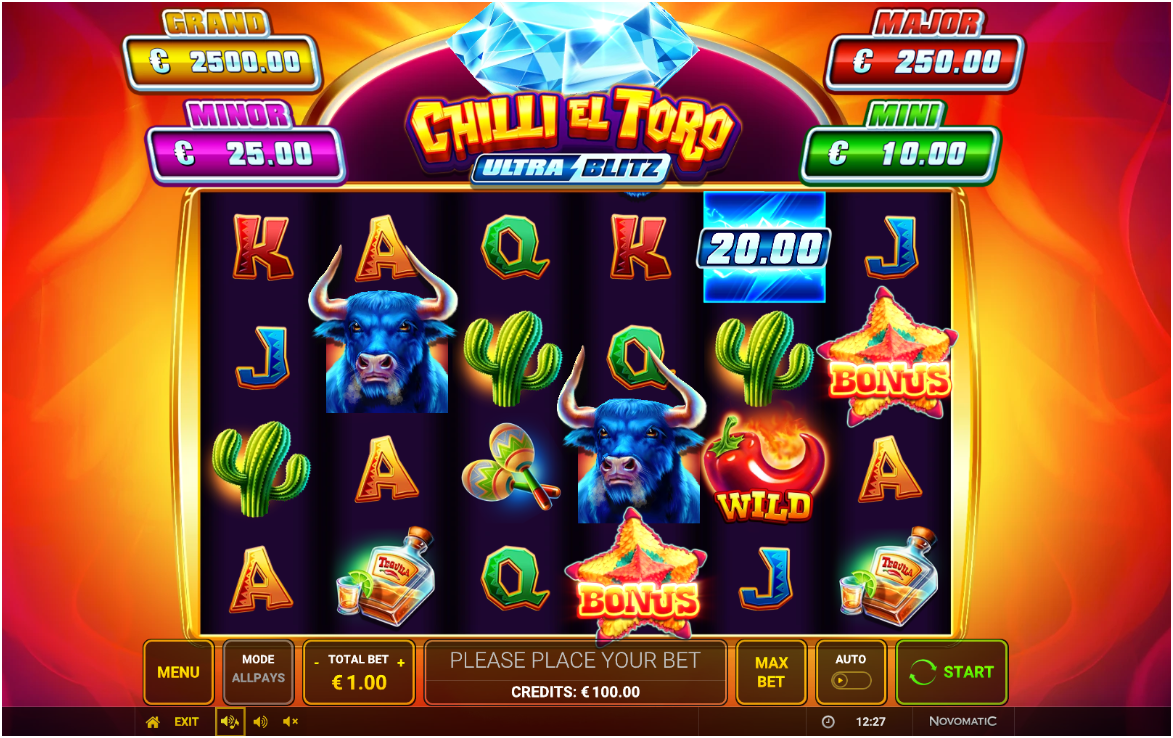 Six-reel slot interface with colorful symbols including bulls, roses, cacti, and card values, displaying fixed jackpots and control buttons.