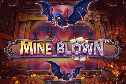 Cartoon bats in a mine with dynamite and glowing crystals — Mine Blown slot logo.