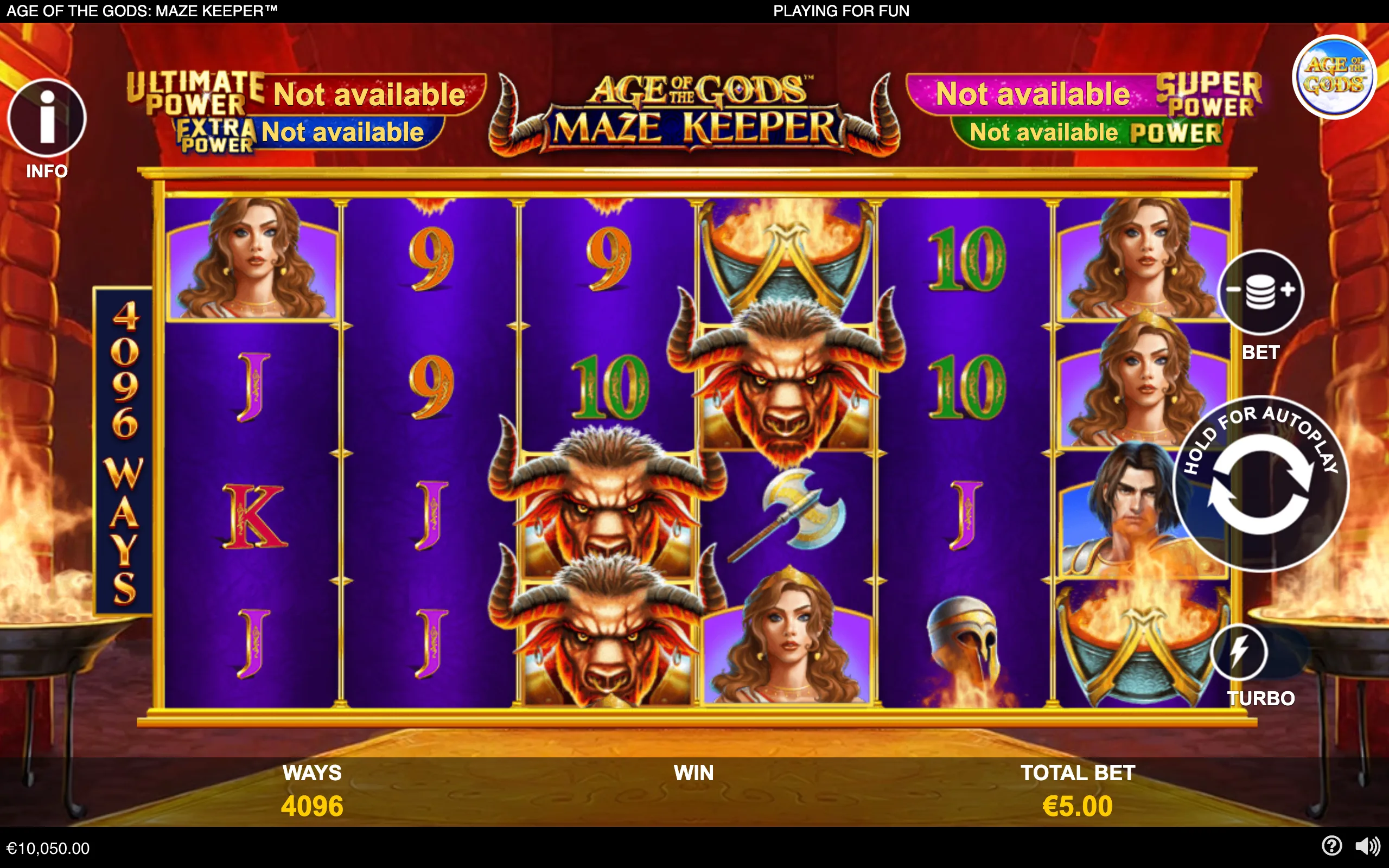 Age of the Gods: Maze Keeper slot interface with purple reels, gold borders, Minotaur, goddess, warrior and Greek-themed symbols, set against a fiery mythological backdrop.