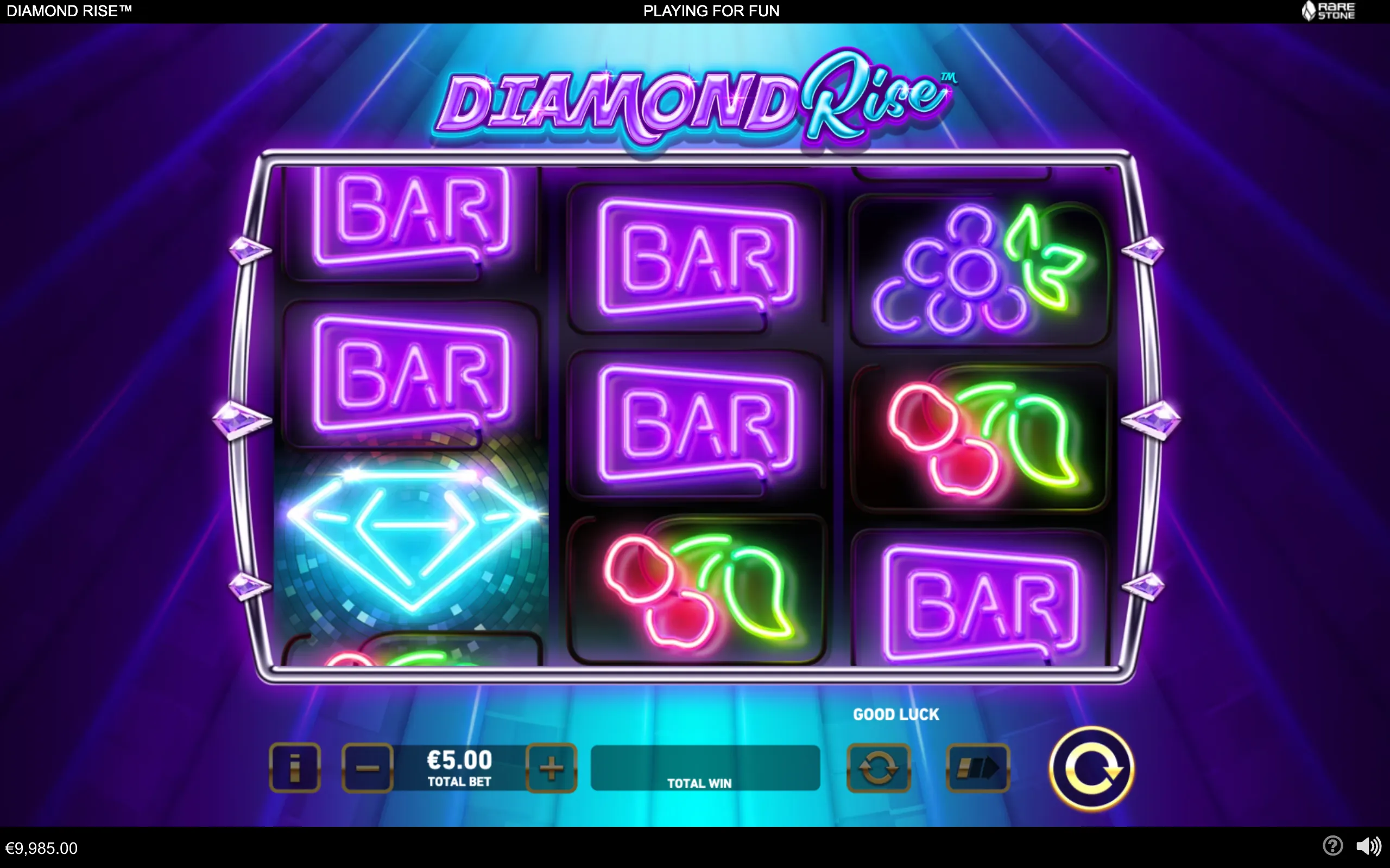 Diamond Rise slot interface with glowing purple BAR symbols, cherries, horseshoes and a large cyan diamond across neon-lit reels.