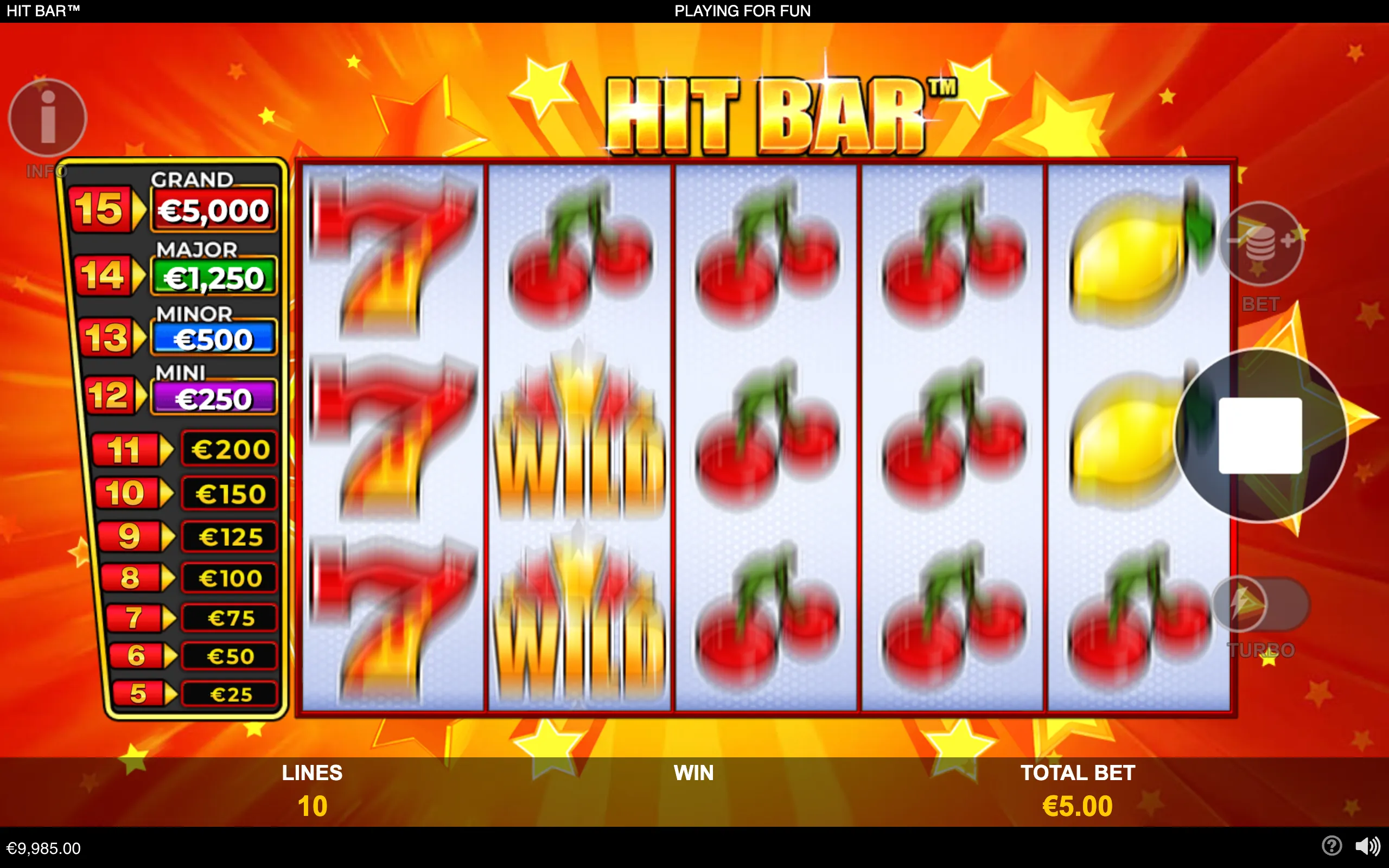 Hit Bar slot interface with five reels featuring BARs, cherries, bells, and sevens against a red-and-gold starburst backdrop, alongside a progressive prize ladder.